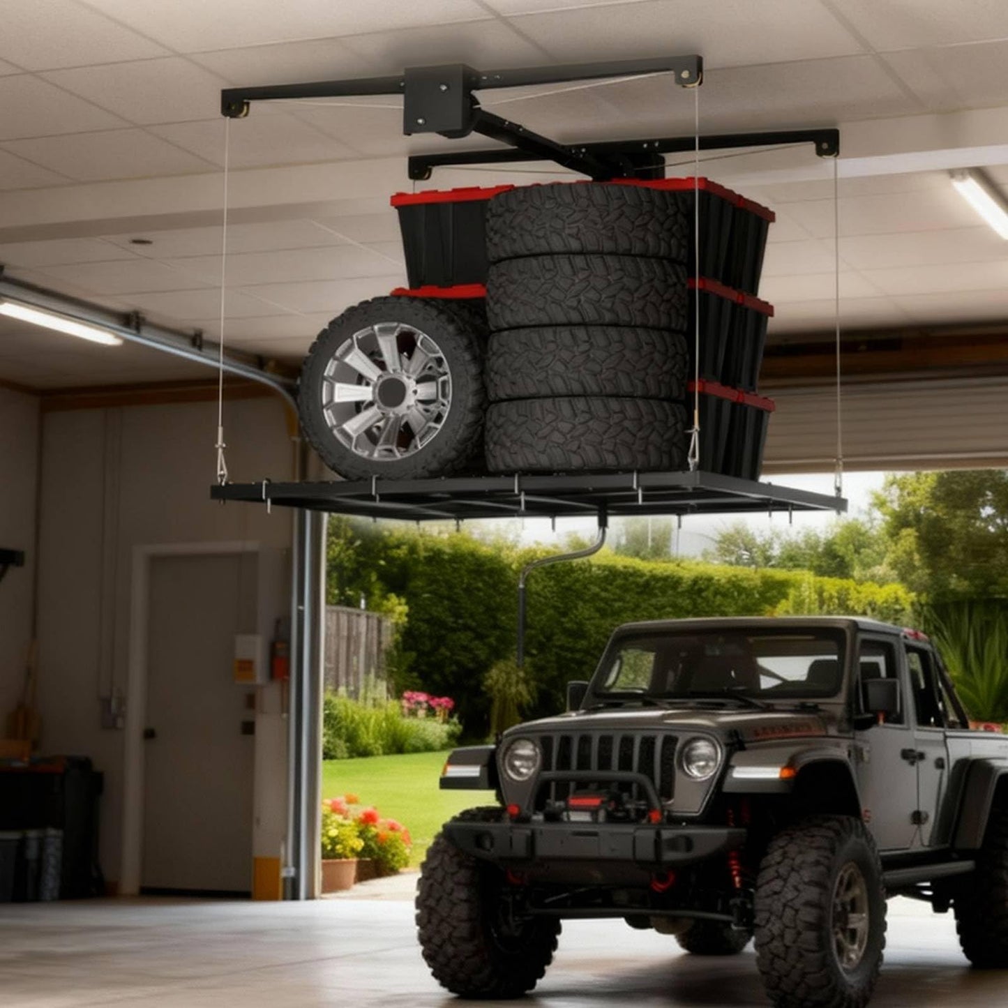 Overhead Garage Lifting Storage Rack, Maximize Your Garage Storage with Our 4x4 Ft Heavy-Duty Ceiling Storage Rack System, Supports 350 lbs, Adjustable & Easy to Install (Black 4x4 ft)