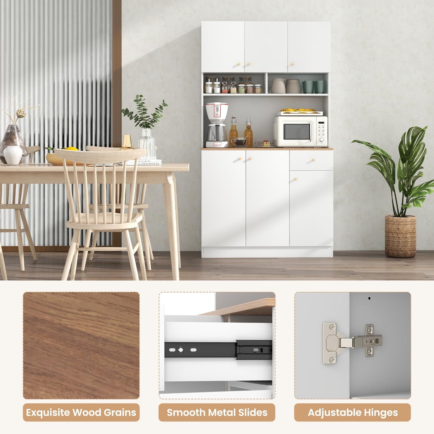 Giantex Kitchen Pantry Cabinet, 71” Tall Buffet Cabinet with Hutch, Built-in Power Outlet, 6 Doors Storage Cabinets, Drawer, Adjustable Shelves, Standing Cupboard for Dining Room Living Room (White)