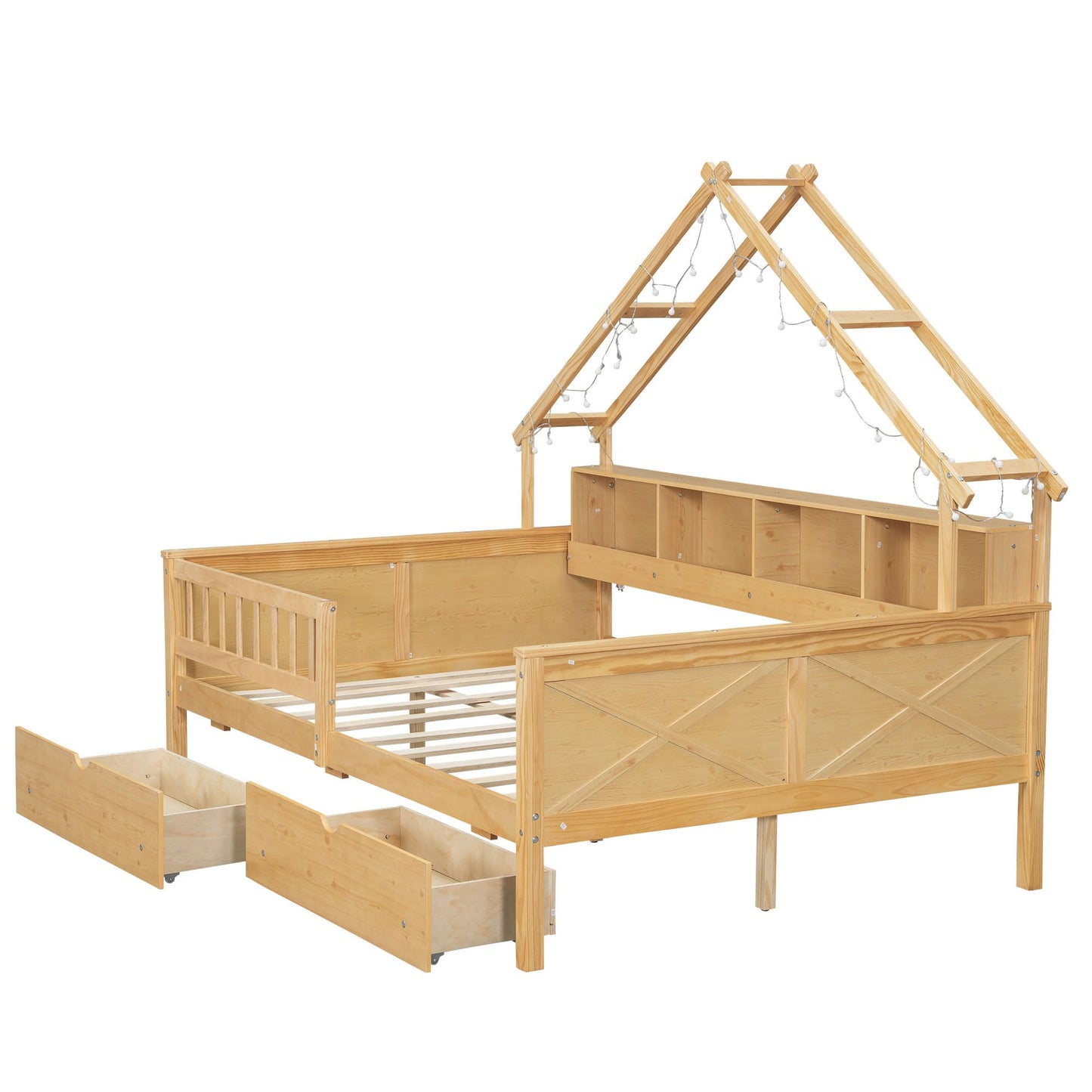 Merax Full Size House Platform Bed with LED Lights, Storage Shelves & Drawers - Bed with Guardrail, Sturdy Pine Wood & MDF Frame, Natural