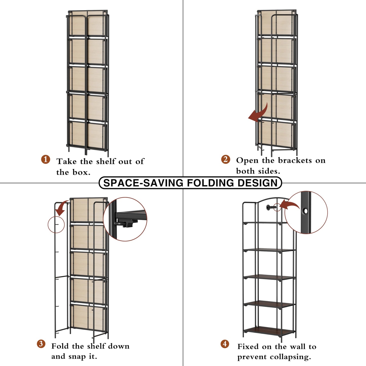 Crofy 5-Tier Foldable Bookshelf, Black Frame & Walnut Shelves