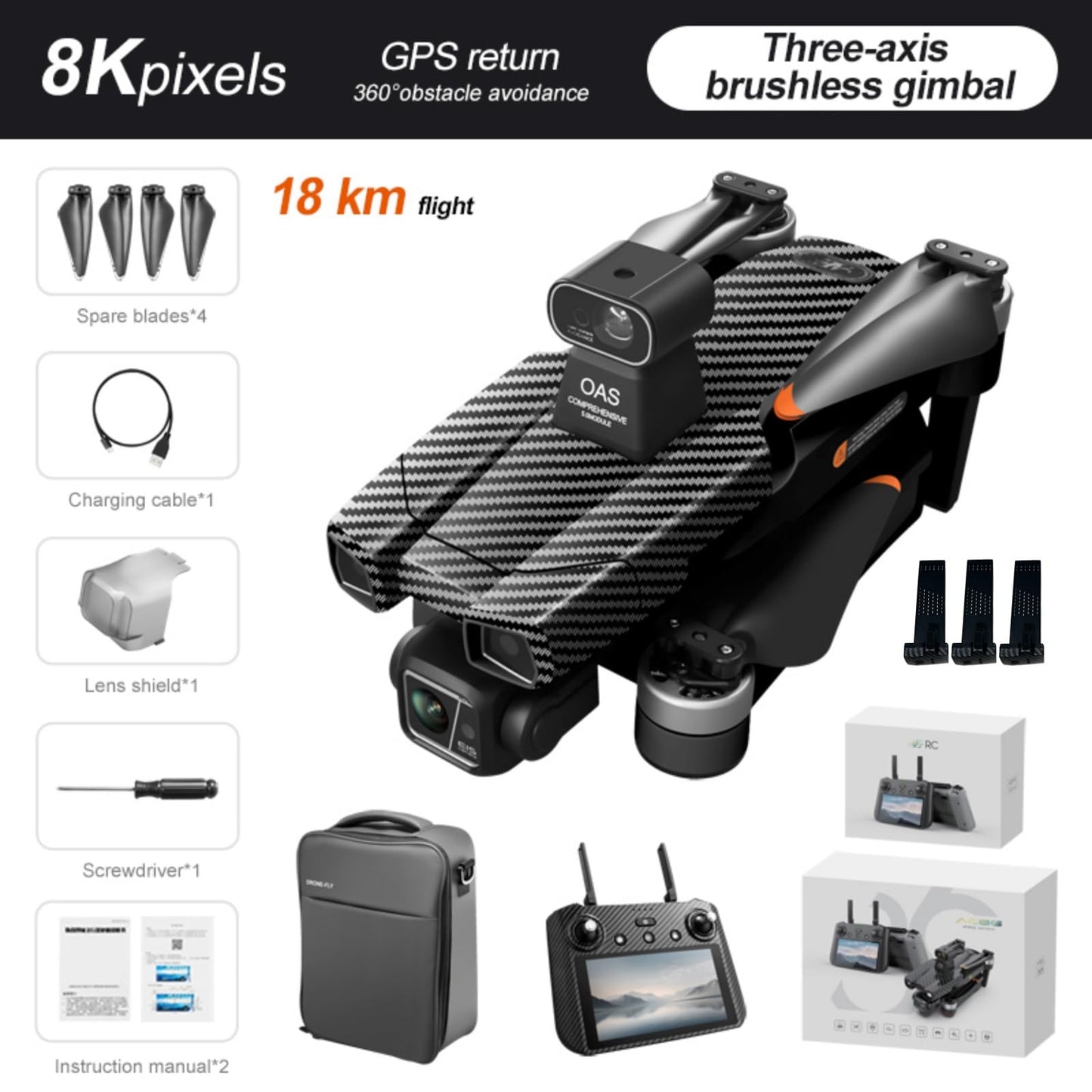 Cyaxzolp AE86ProMax+Drones with Camera for Adults 4K Video,Touch Screen Tablet Remote and 3-Axis Mechanical Gimbal, 5G Digital Transmission, 360° Laser Obstacle Avoidance, GPS Auto Return,Three 8000mAh 45 Mins Long Endurance, 500g Payload, Smart Follow Wa