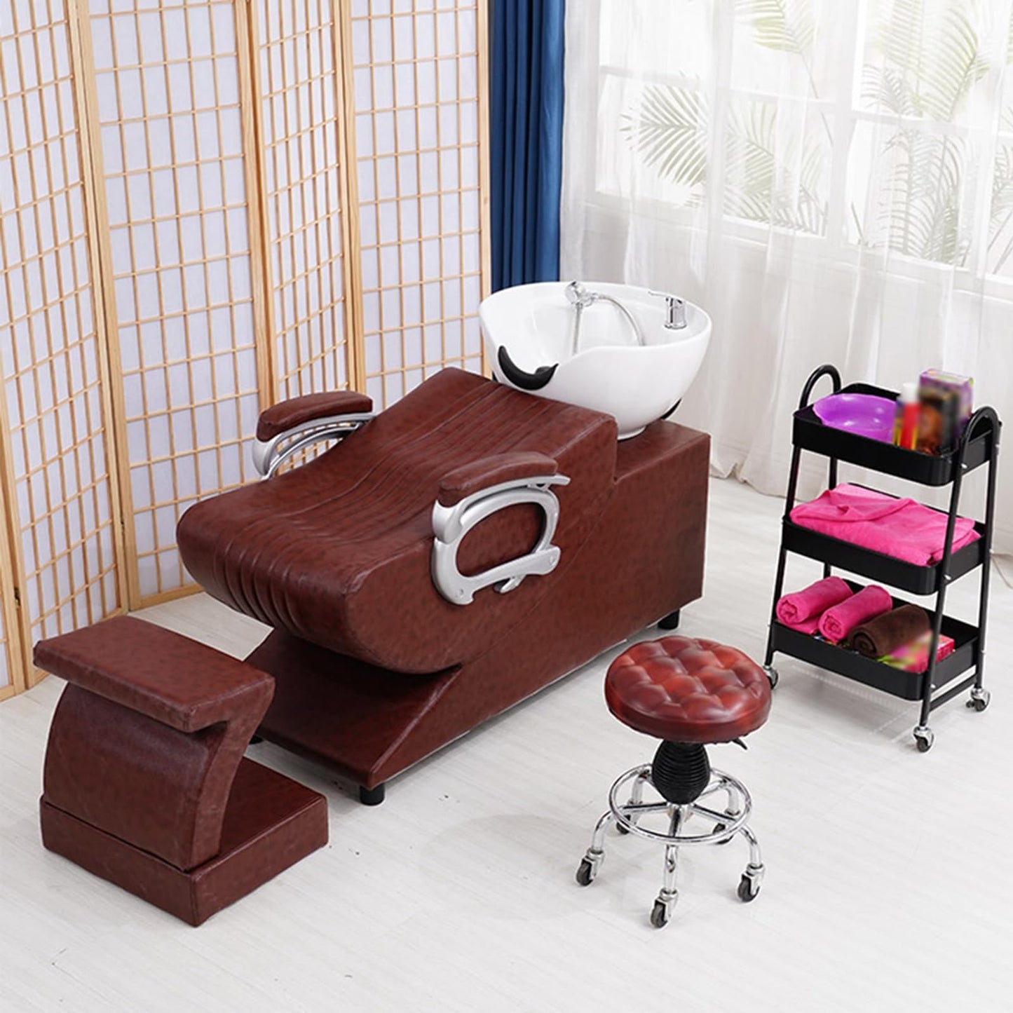 Dexinhdh Shampoo Barber Classic Chair, Shampoo Backwash Unit with Separate Footstool, Stretch Shower Head, Ceramic Shampoo Bowl Sink Chair for Spa Beauty Barbershop(E)