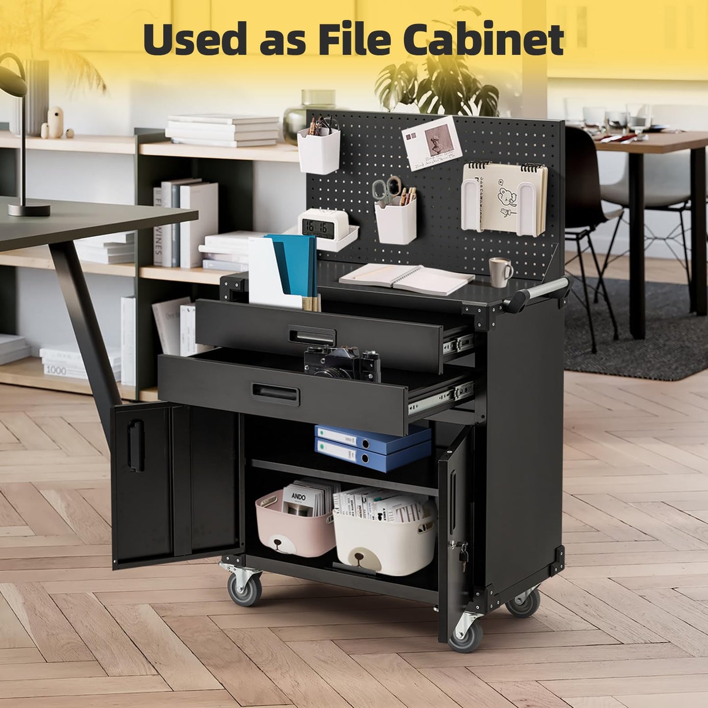JFHID 52'' Work Bench for Garage with Pegboard Drawers and Cabinets Heavy Duty Metal Frame Tool Bench for Shop Kitchen Cabinets Organizer Work Table with Wheels (Black)