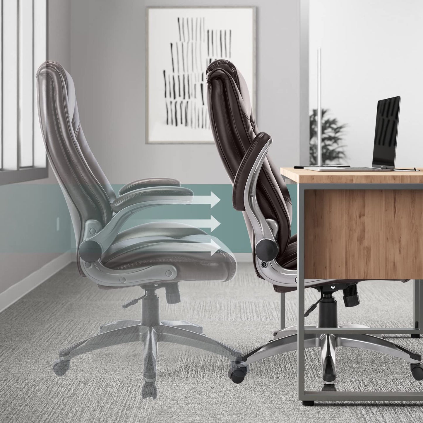 COLAMY Leather Executive Office Chair - High Back Ergonomic Home Computer Desk Chair with Padded Flip-up Arms, Adjustable Tilt Lock, Swivel Rolling Chair for Adult Working Study, Brown