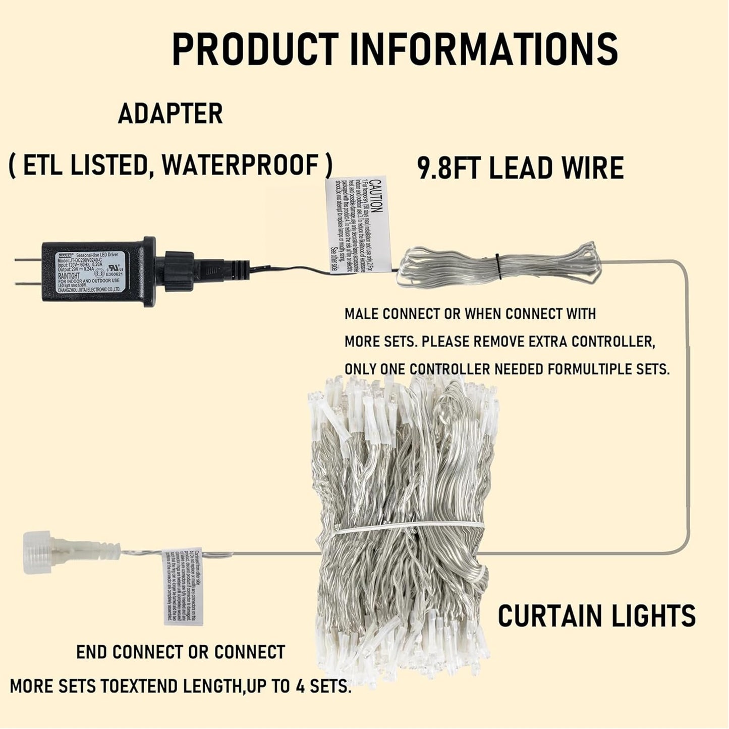 Dazzle Bright 300 LED Curtain String Lights, Waterproof, 8 Lighting Modes, White, Model CL-300CC