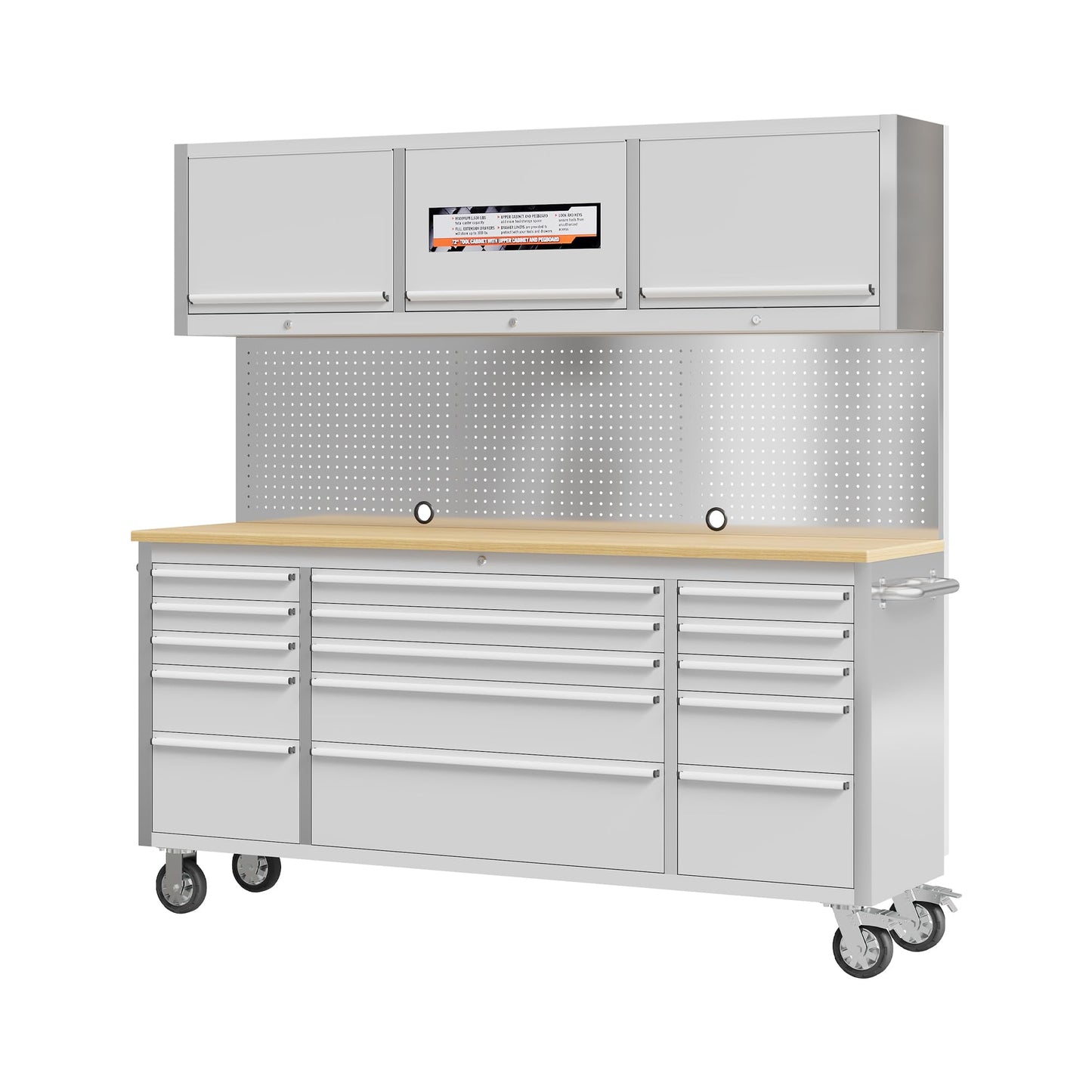 Garvee 72 Inch Rolling Tool Chest Workbench with Solid Wood Top, 15 Drawer Lockable Tool Storage Cabinet on Wheels, Heavy Duty Mobile Tool Box Cart for Garage, Workshop and Repair Shop