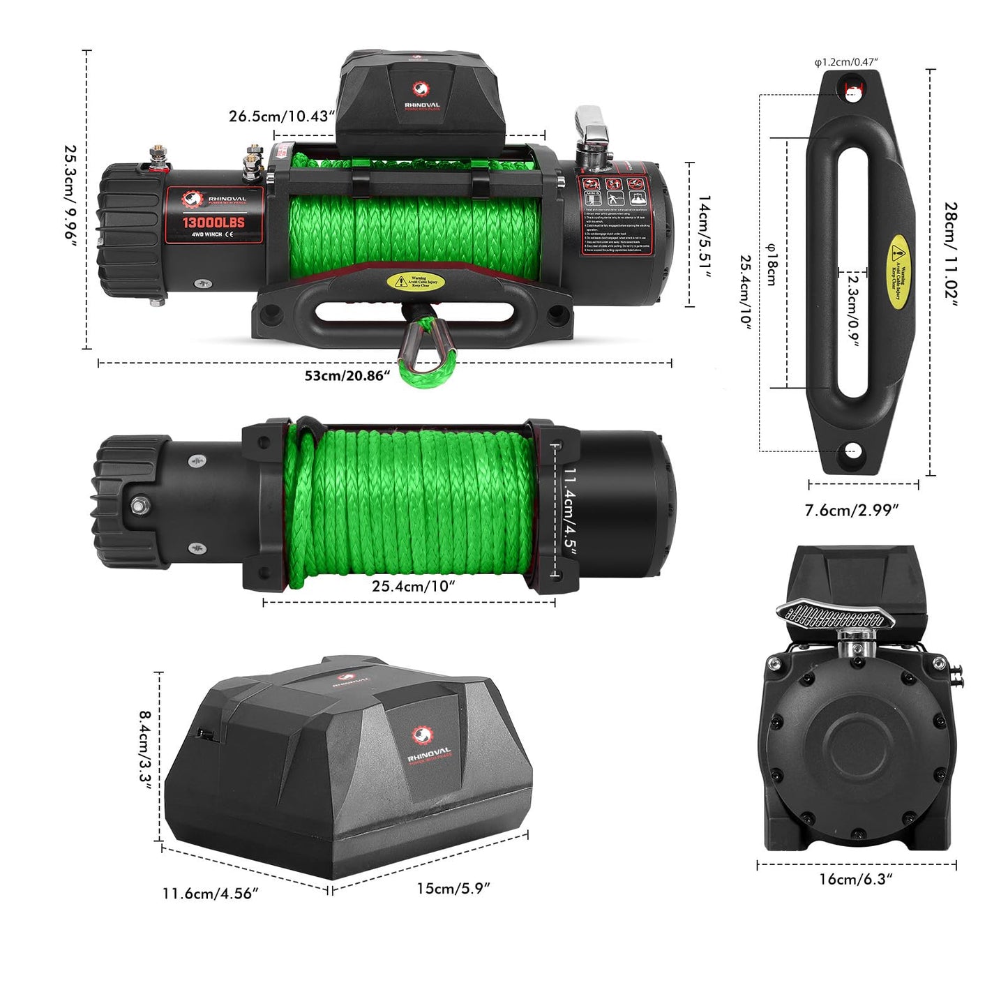 RHINOVAL 13000lb Electric Winch, Synthetic Rope Green, Battery Disconnect Switch, Low Profile Control Box, 12V, IP67 Waterproof, Wireless Remote, SUV, Truck, Boat Trailer. (RH13000A-G)