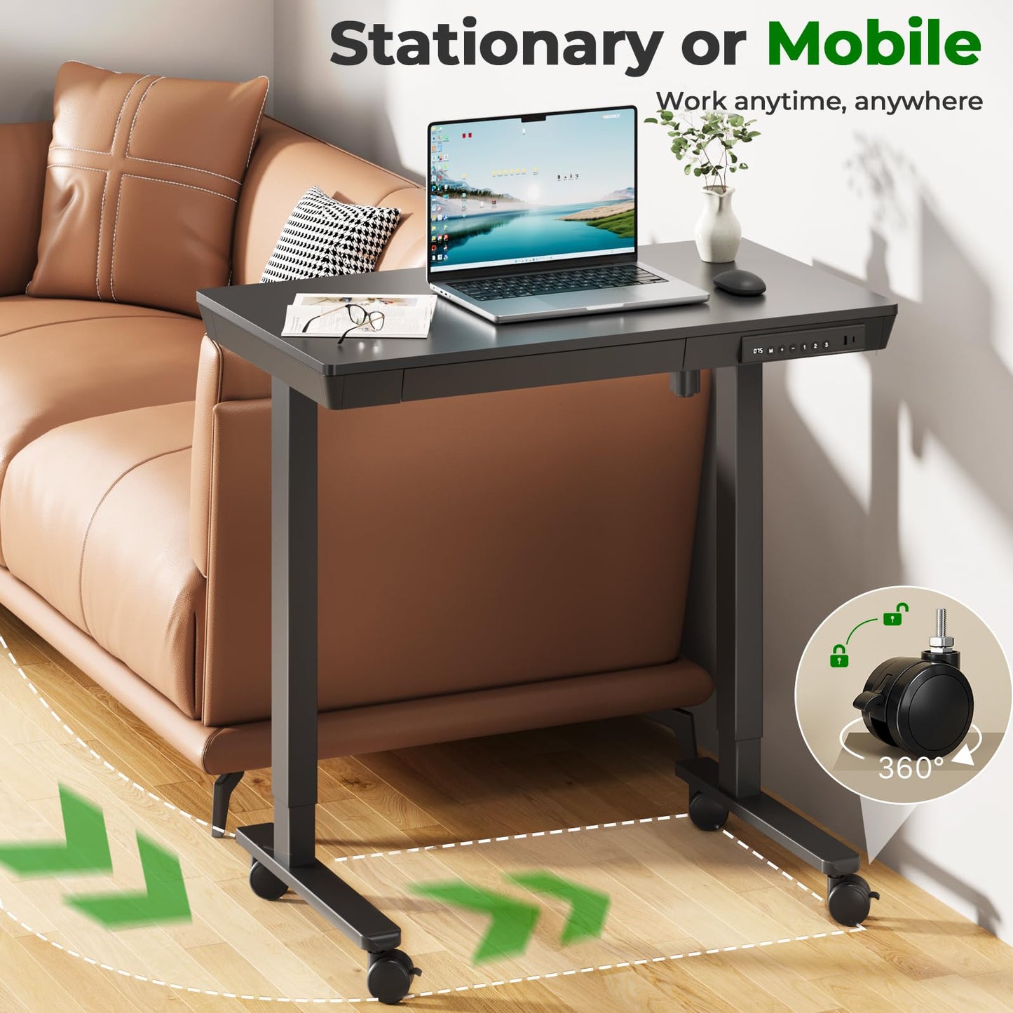 JYLH JOYSEEKER Electric Standing Desk with Drawer, 35" x 20" Whole Piece Tabletop Small Sit Stand Table, Height Adjustable Desk with Storage & USB Ports, Quick Install Home Office Computer Desk, Black