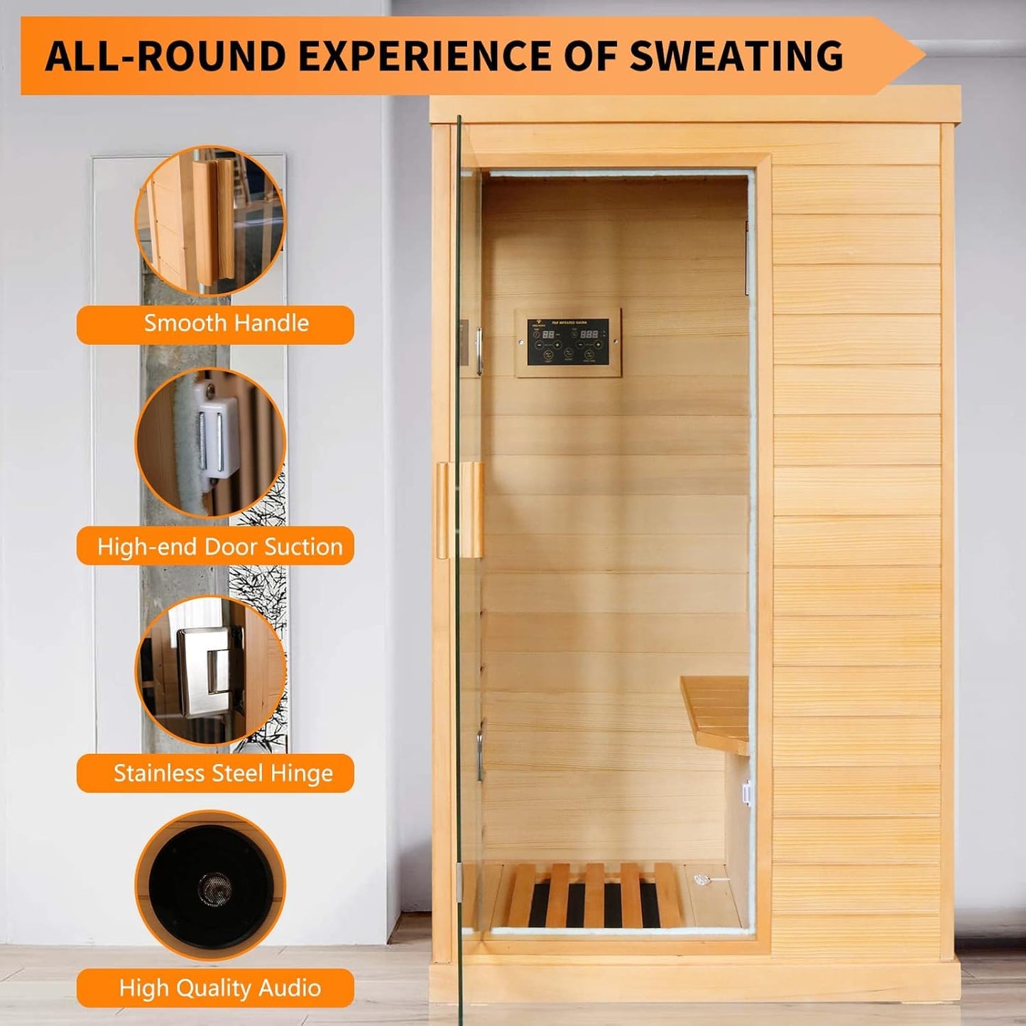 InfraHHZQ Infrared Sauna for Home 1 Person Far Infrared Sauna Canadian Hemlock Low EMF Indoor Sauna Room with 7 Color Lighting Speaker Personal Dry Sauna for Home Gym Spa Fast Heating Easy Assembly