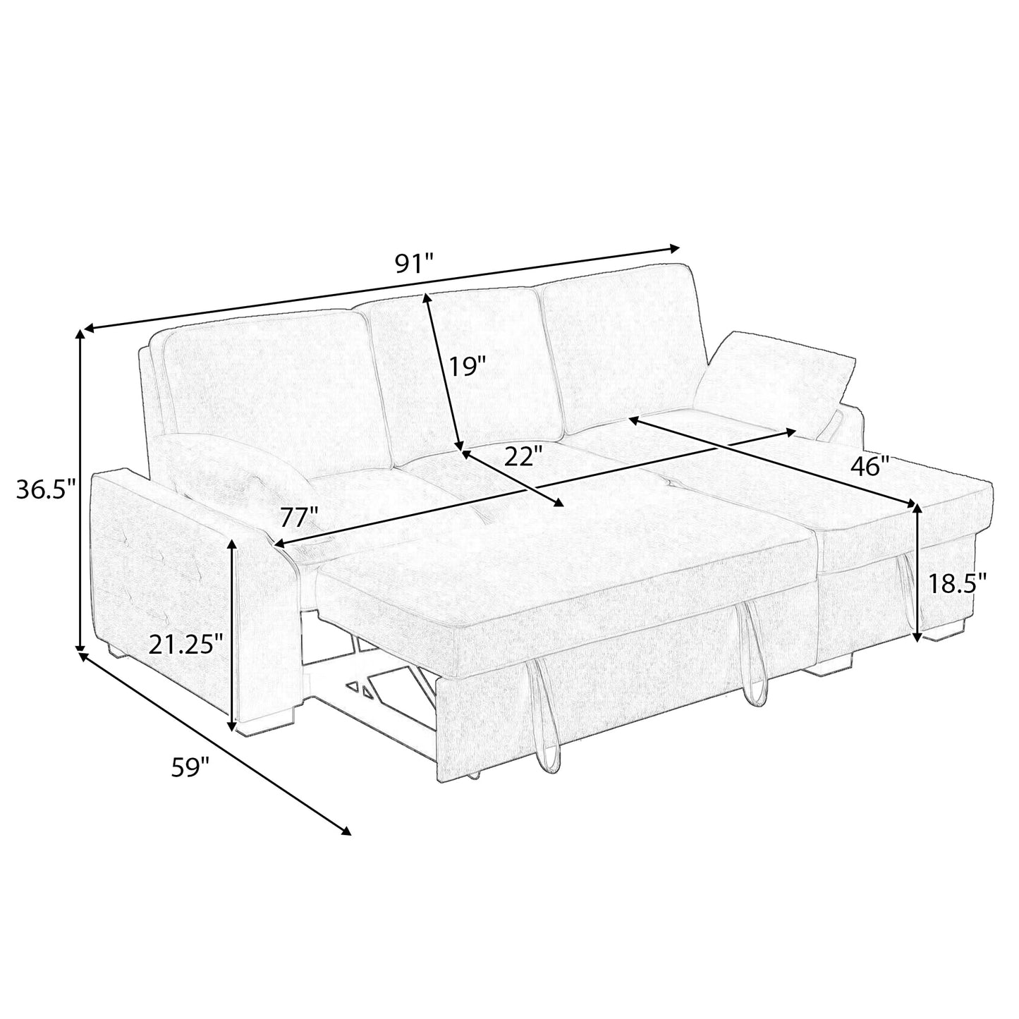ERYE L-Shaped Pull Out Sleeper Couch Bed, Modern Chenille Upholstered Button Tufted Corner Couch Reversible Sectional Sleeper Sofa Bed W/Storage Chaise, Cup Holders