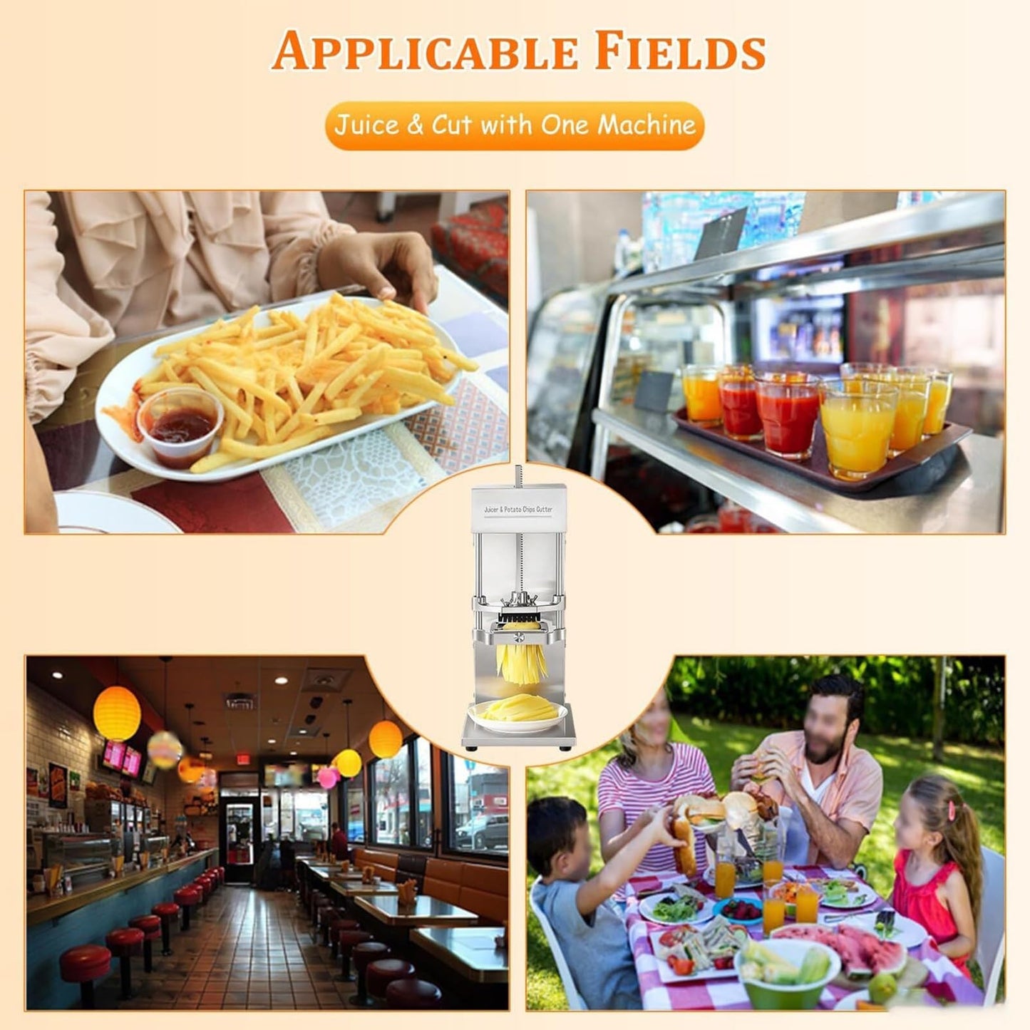 Juicer & Potato Chips Cutter, Electric Fry Cutter and Juice Extractor Machine, 7/9/13mm Blades, 304 Stainless Steel, Dual Power Supply Mode, for Potato, Carrot Strips, Orange Lemon