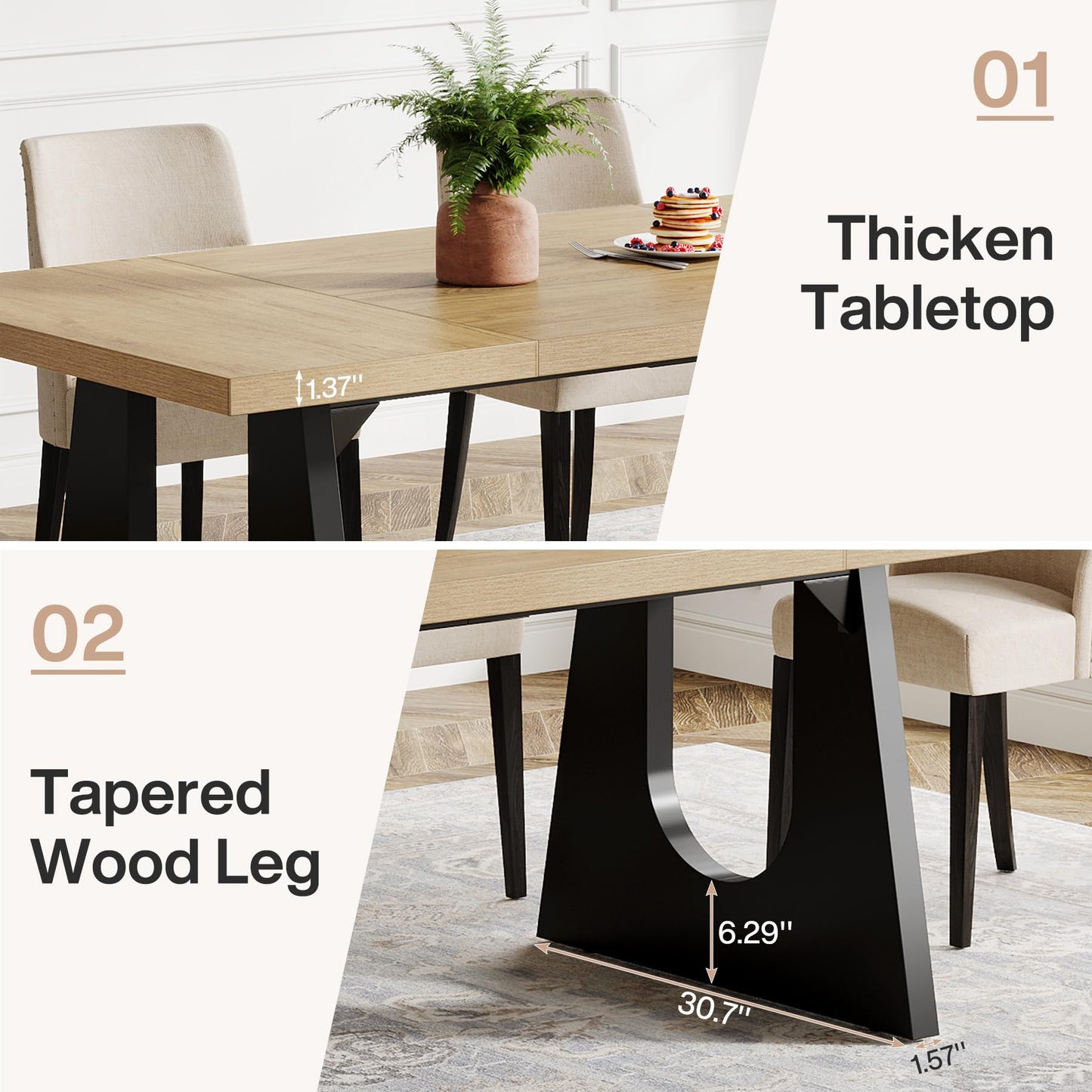 Tribesigns Large Dining Table for 6-8 People, 70.9-Inch Wood Rustic Rectangular Table with Black Wooden Legs, Farmhouse Center Kitchen Table for Dining Room, Living Room, Home Furniture, Oak and Black