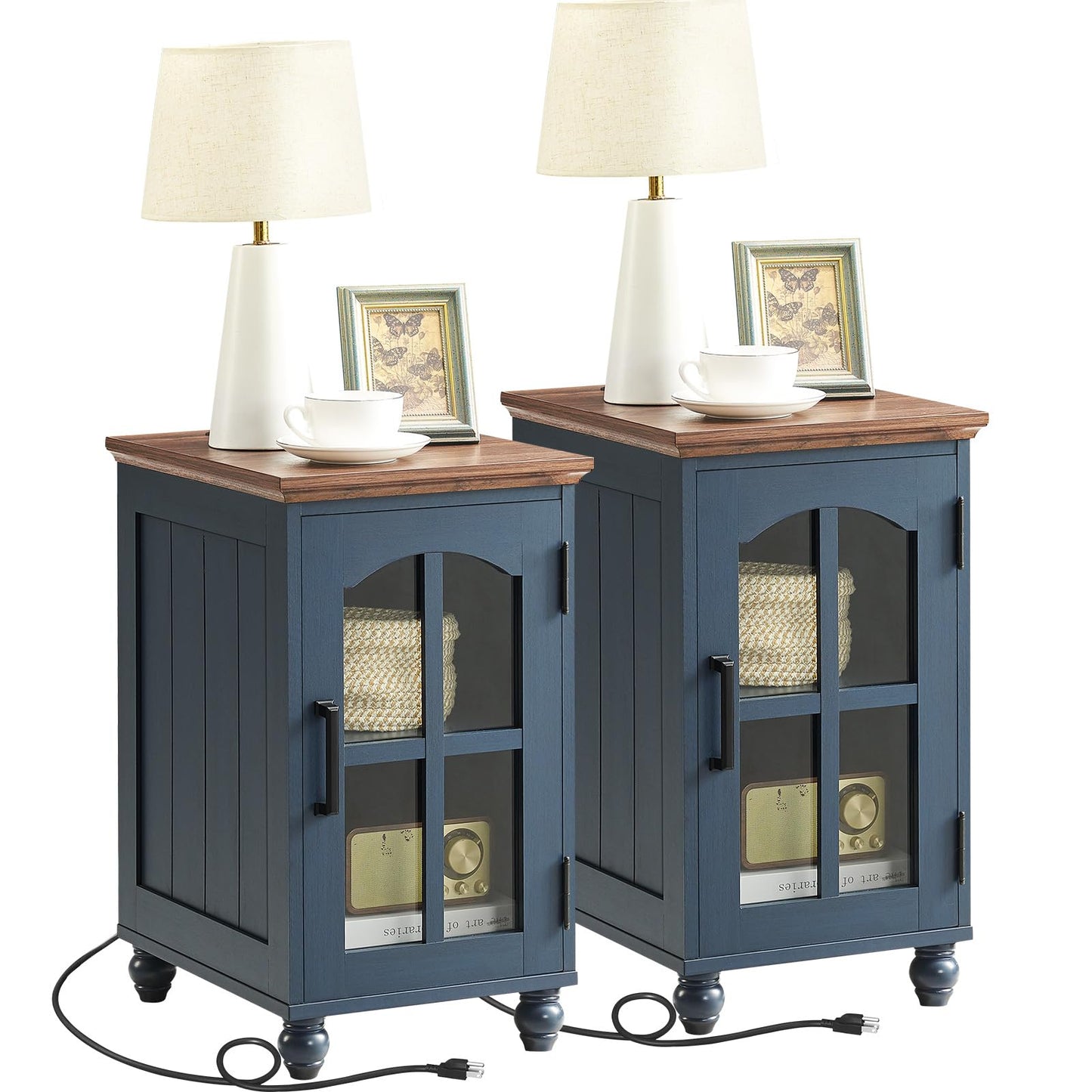 Narrow Side Table Set of 2,Farmhouse Nightstand with Charging Station,End Table with Glass Barn Door Storage, Cabinet Organizer with Adjustable Shelf, Night Stand for Small Spaces Living Room Bedroom