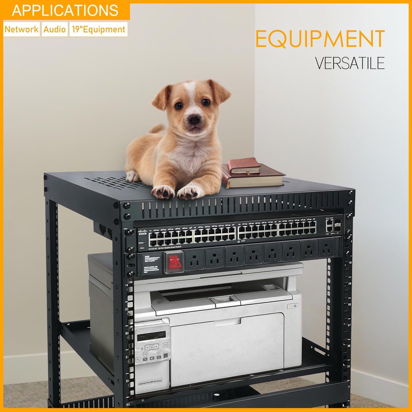 RIVECO 15U Network Rack with Reinforced Top Cover - 4 Post Floor Rack on Wheels for 19" Equipment & Stereo Gear- Including Rack Mount Power Strip & 1PCS 1U Rack Shelf