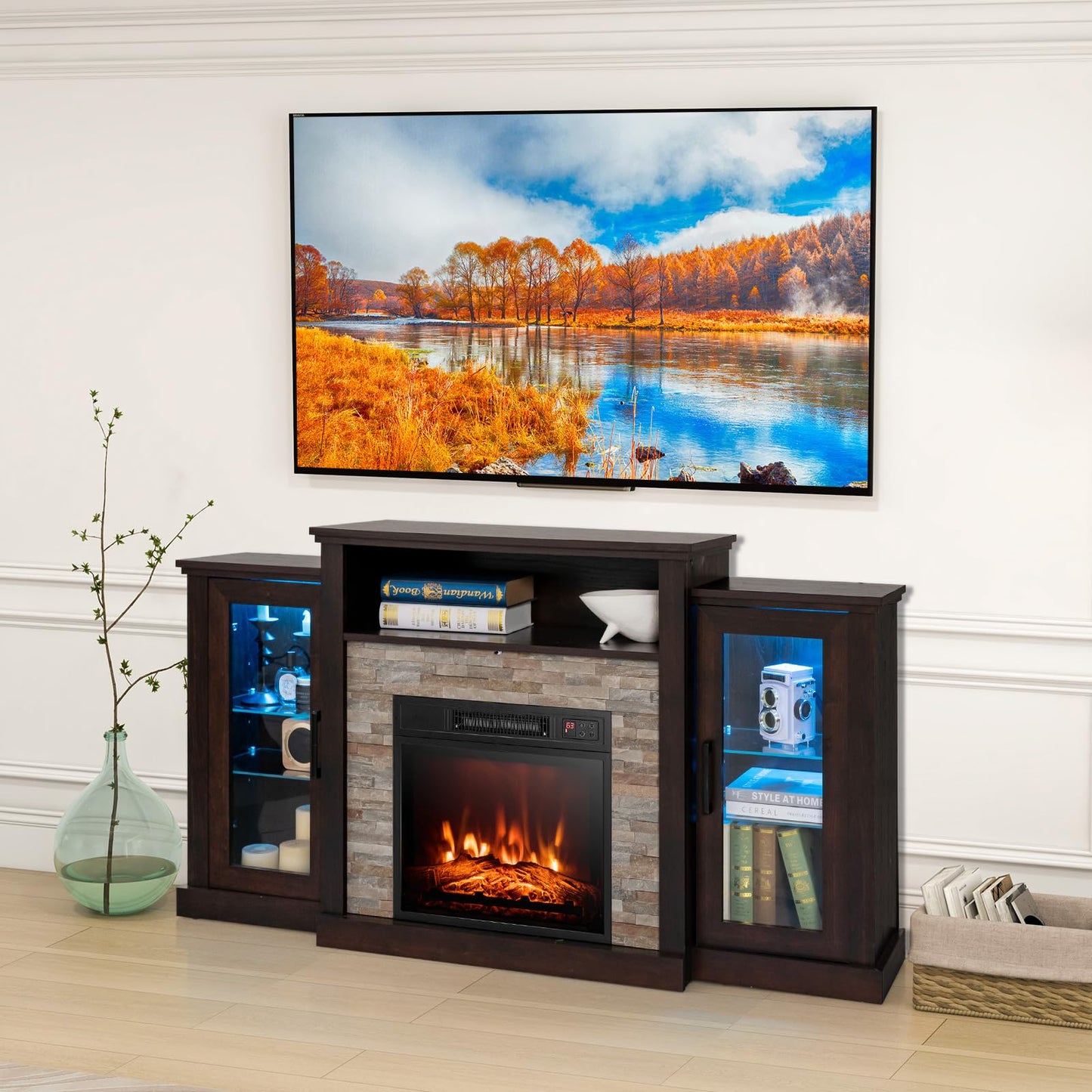 Tangkula Electric Fireplace TV Stand, Electric Fireplace Mantel with 16-Color Led Lights, Adjustable Glass Shelves, Remote & Smart APP Control, TV Console for Living Room (Espresso)