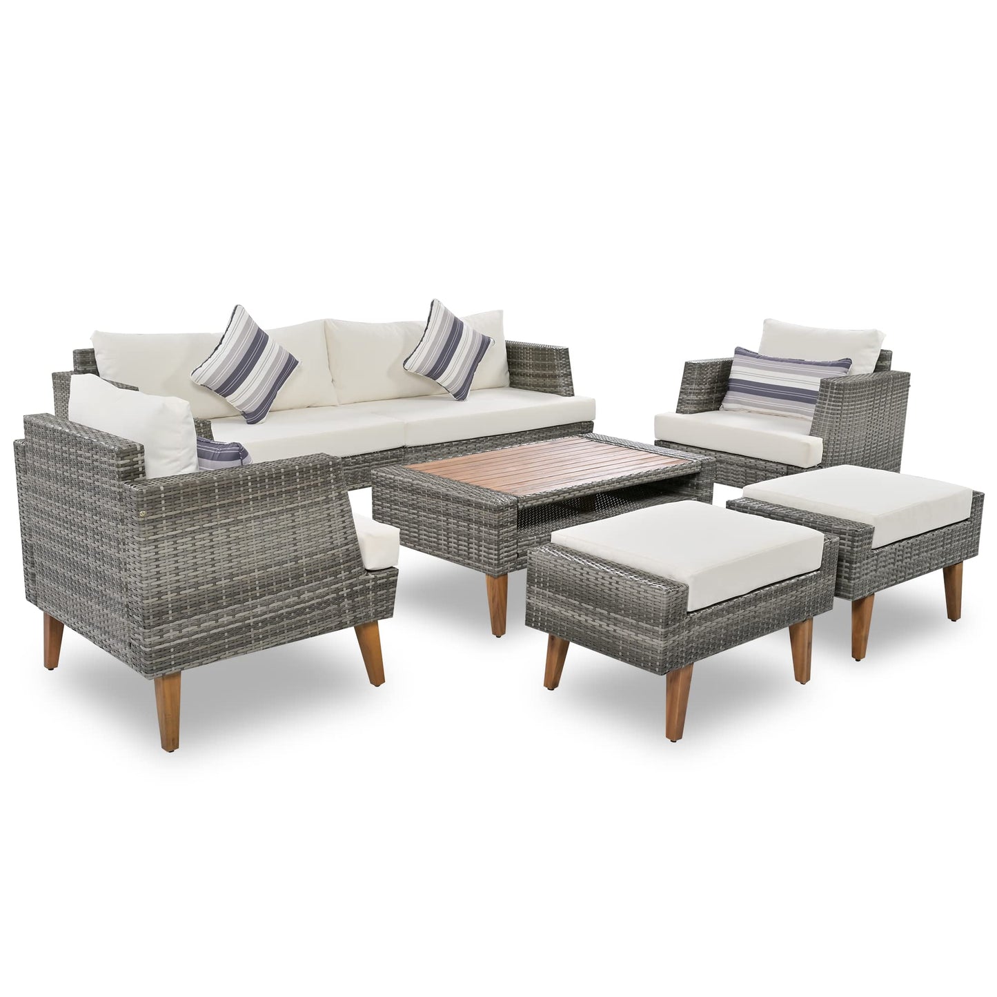 6-Piece All Weather PE Wicker Sofa Set, Outdoor Rattan Sofas with Double Cushions, Wood Legs & Table Top, Sturdy Patio Conversation Sets with Ottomans for Garden, Balcony, or Deck, Gray+Beige
