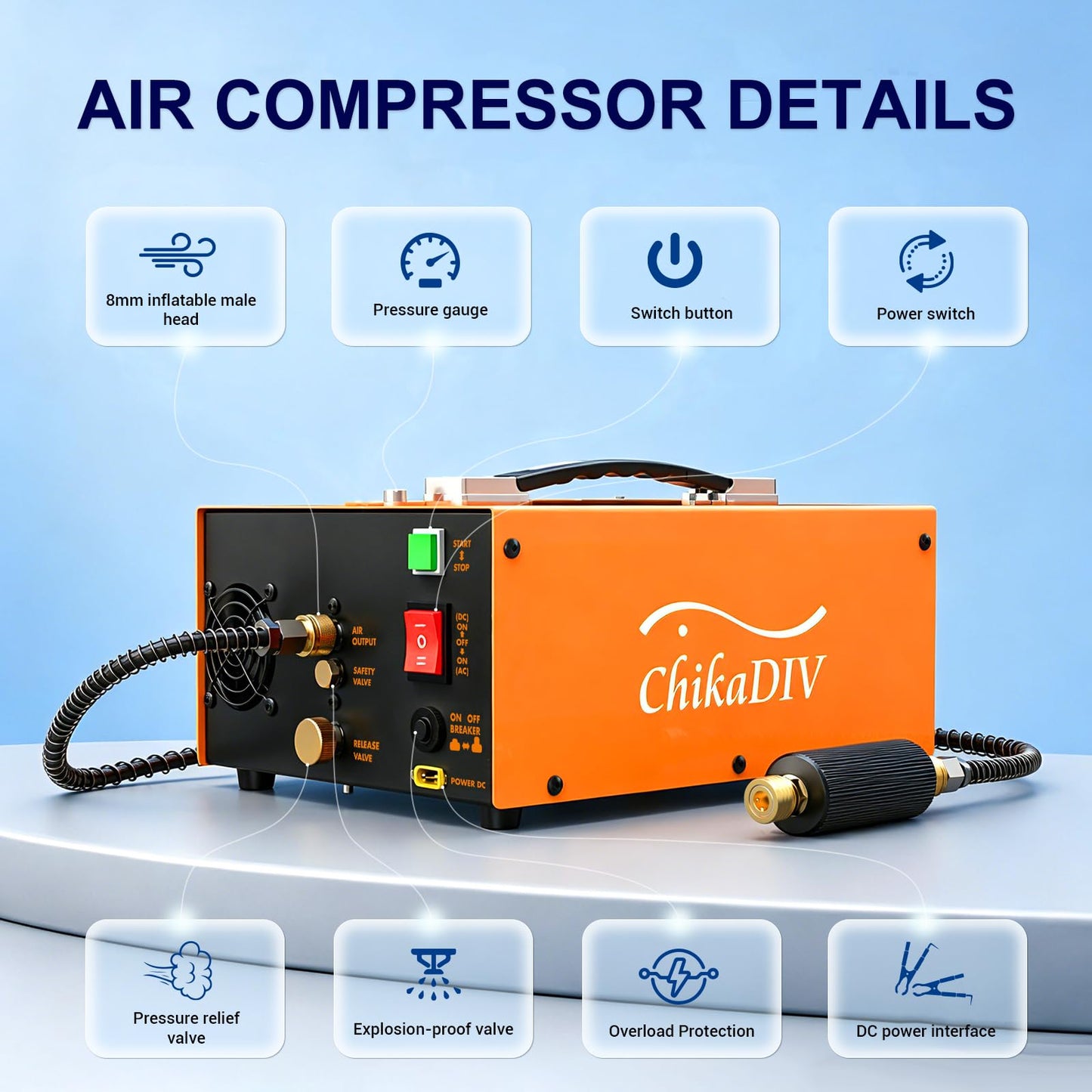 CHIKADIV PCP Air Compressor 4500Psi, Fast Fill for Airguns or Paintball Tank, PCP air pump Auto Shut-Stop, Dual Power Dual Power 12V DC &110V/220V AC,350W Air Compressor for scuba tank