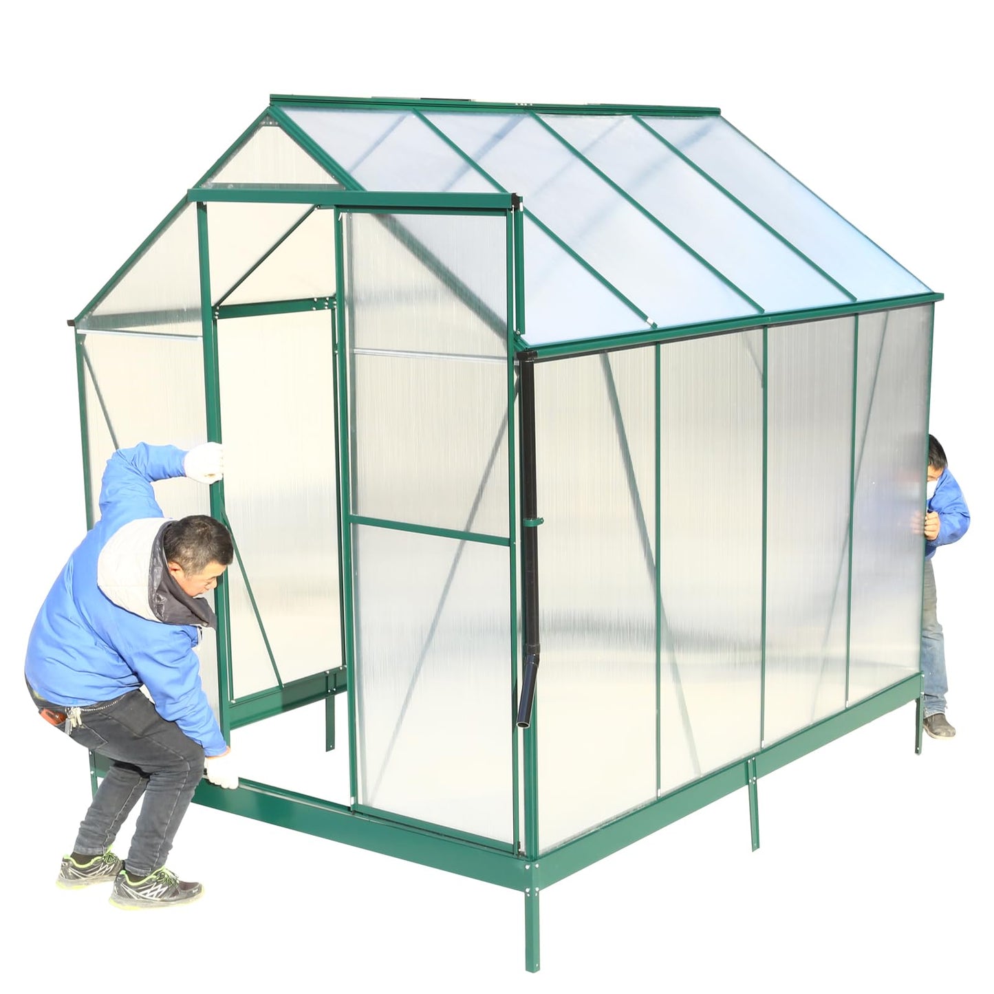 KEIKI 6.3x8.2FT Polycarbonate Greenhouse Walk-in Heavy Duty Outdoor with Aluminum Frame, Clear Panels, Rain Gutter, Vent, Sliding Door for Backyard Plant Nursery, UV Safe All Season, Green