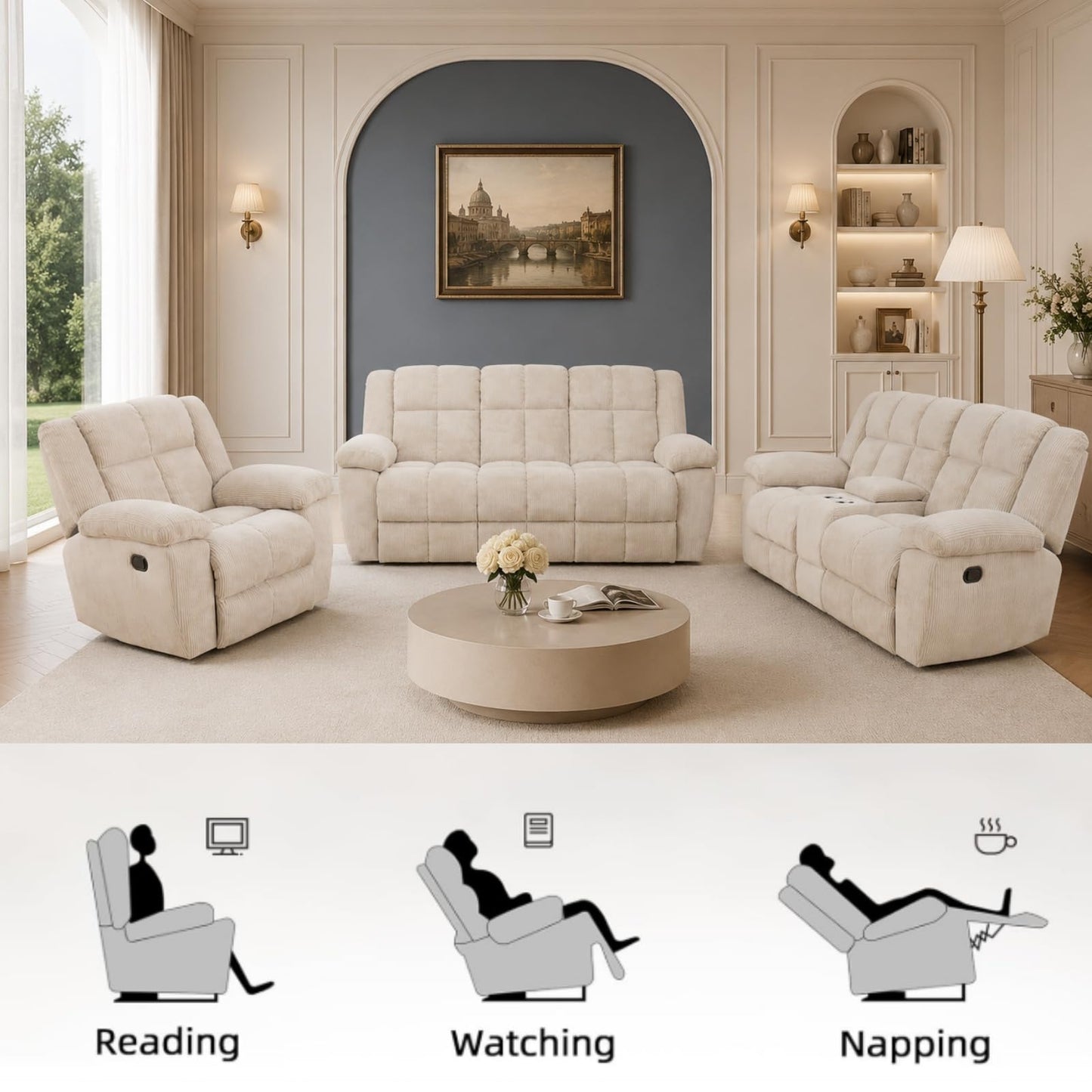 Trygoal Modern Recliner Sofa Set of 3, Stripe Fabric Upholstered Living Room Set with Cup Holders & Storage, Ergonomic Reclining Couch with Coffee Table, Cozy Home Theater Seating, Off-White