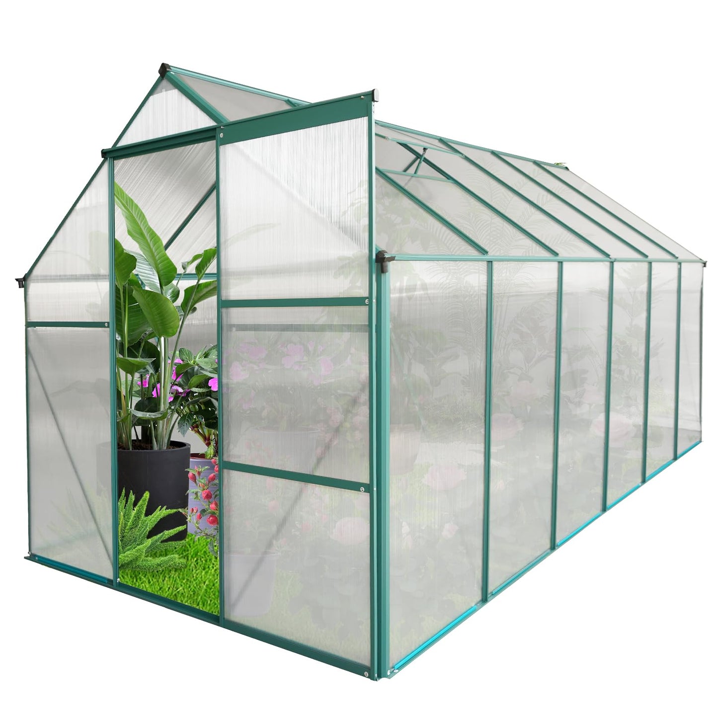 Acosure 6x12 FT Greenhouse Outdoor Polycarbonate Hot House,Garden Plants Houses with Raised Base,Sliding Door and Adjustable Vent Roof for Patio,Easy to Install,Green