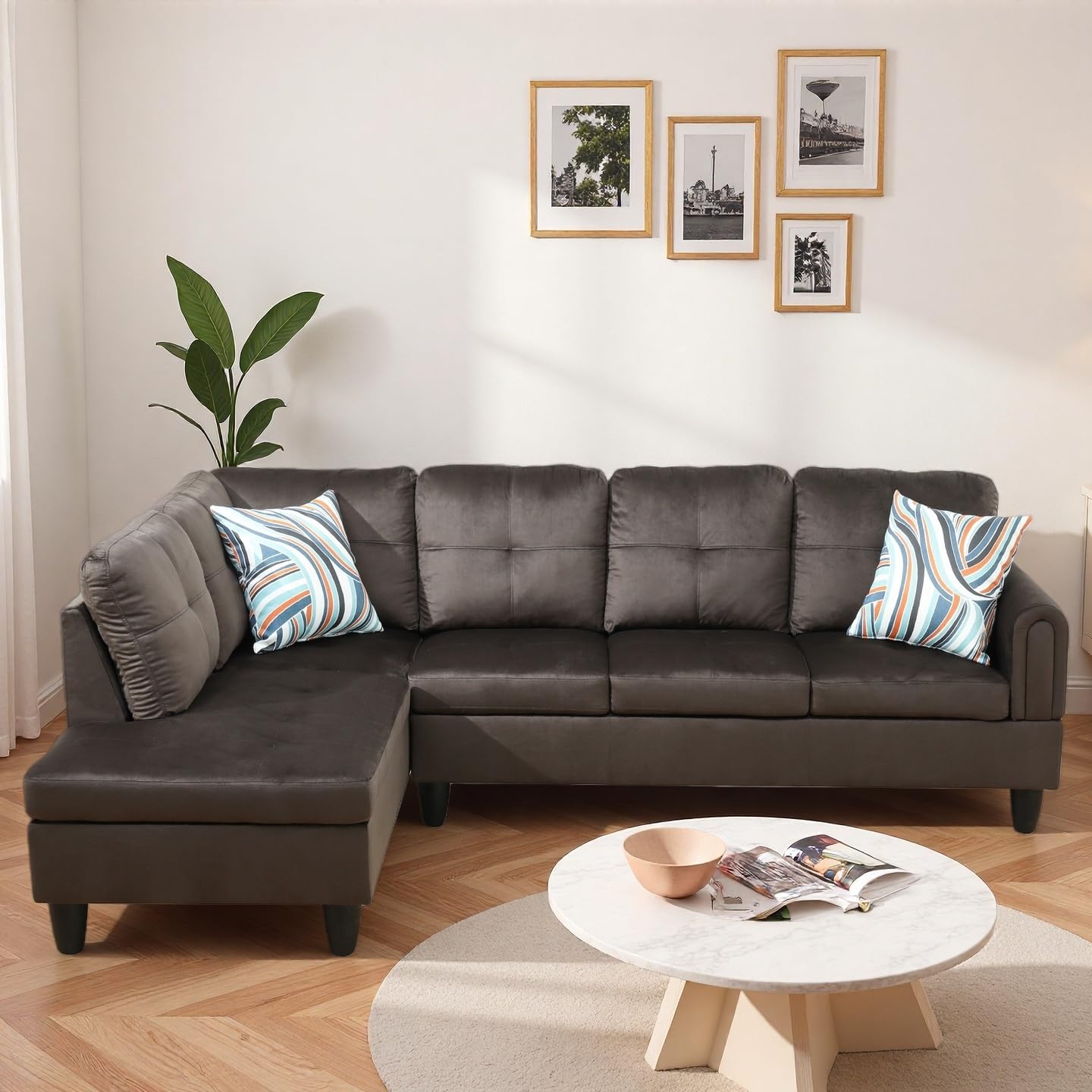 Trygoal Modern L-Shaped Sectional Sofa with Chaise Lounge, 4-Seater Flannel Couch with High-Density Foam Cushions, for Living Room, Apartment, Studio, Easy Assembly, Dark Brown
