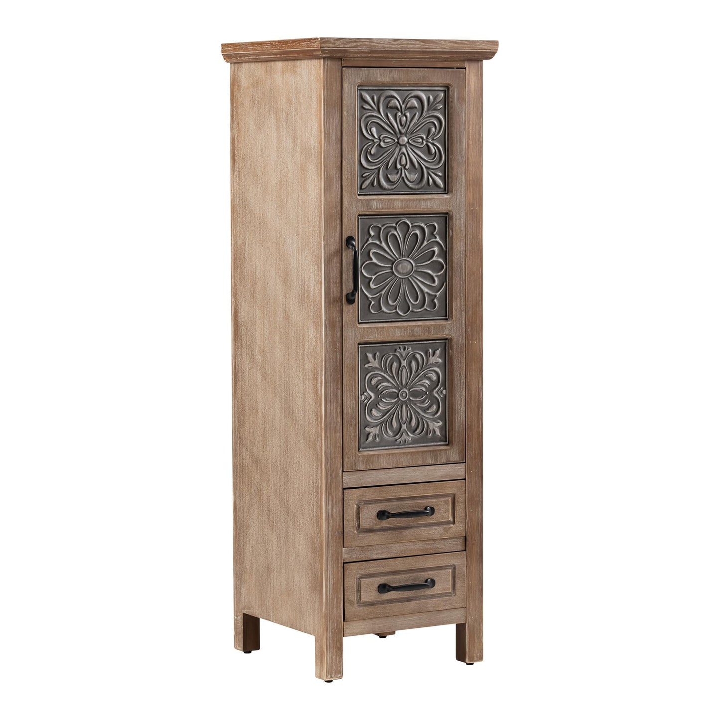 COSIEST 48" Narrow Farmhouse Accent Cabinet, Rustic Wood Storage Tower with 1 Door, 2 Drawers & Adjustable Shelves, Embossed Metal Panel Chest for Small Spaces, Hallway, Kitchen