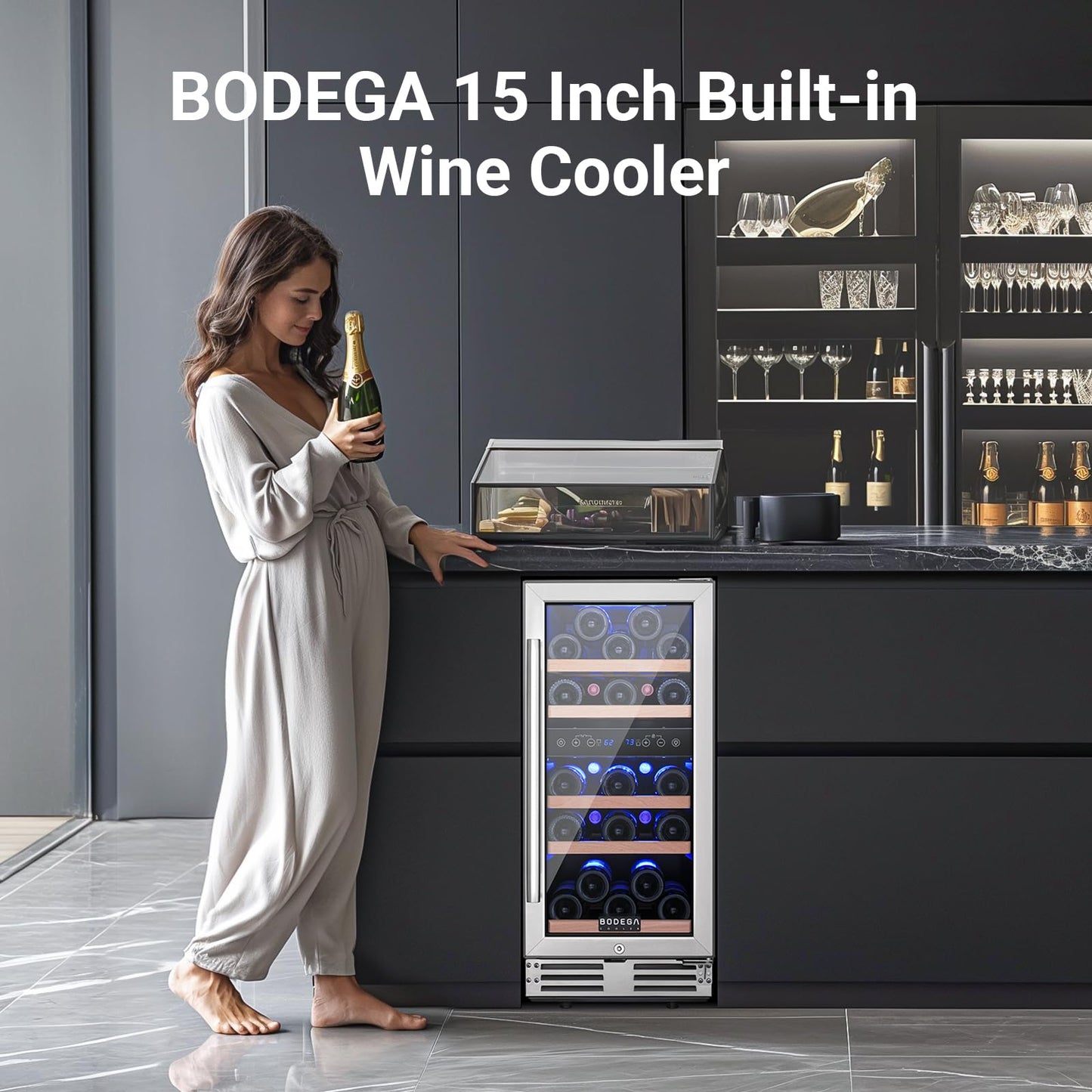 BODEGA 15” Wine Cooler, 30 Bottle Dual Zone Wine Fridge With Double-Layer Glass Door, Freestanding or Built-In Wine Fridge with Blue LED Light & Stainless Steel Handle, for Home, Kitchen,Bar, Black.