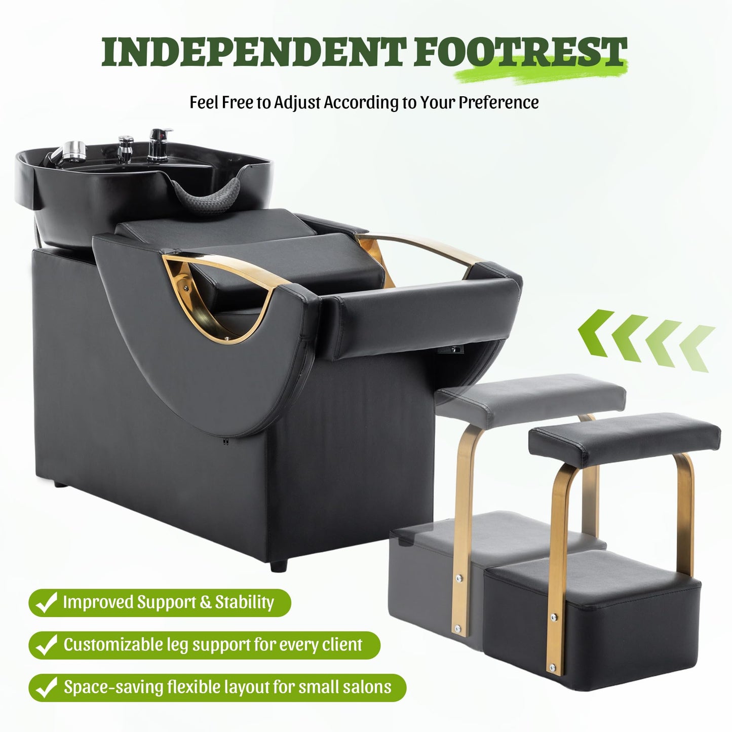 Jaxilyn Professional Shampoo Chair with Bowl & Footrest, 300LBS Reclining Backwash Station with Gold Armrests, Waterproof PU Leather Salon Hair Washing Unit for Barber Shop & Spa
