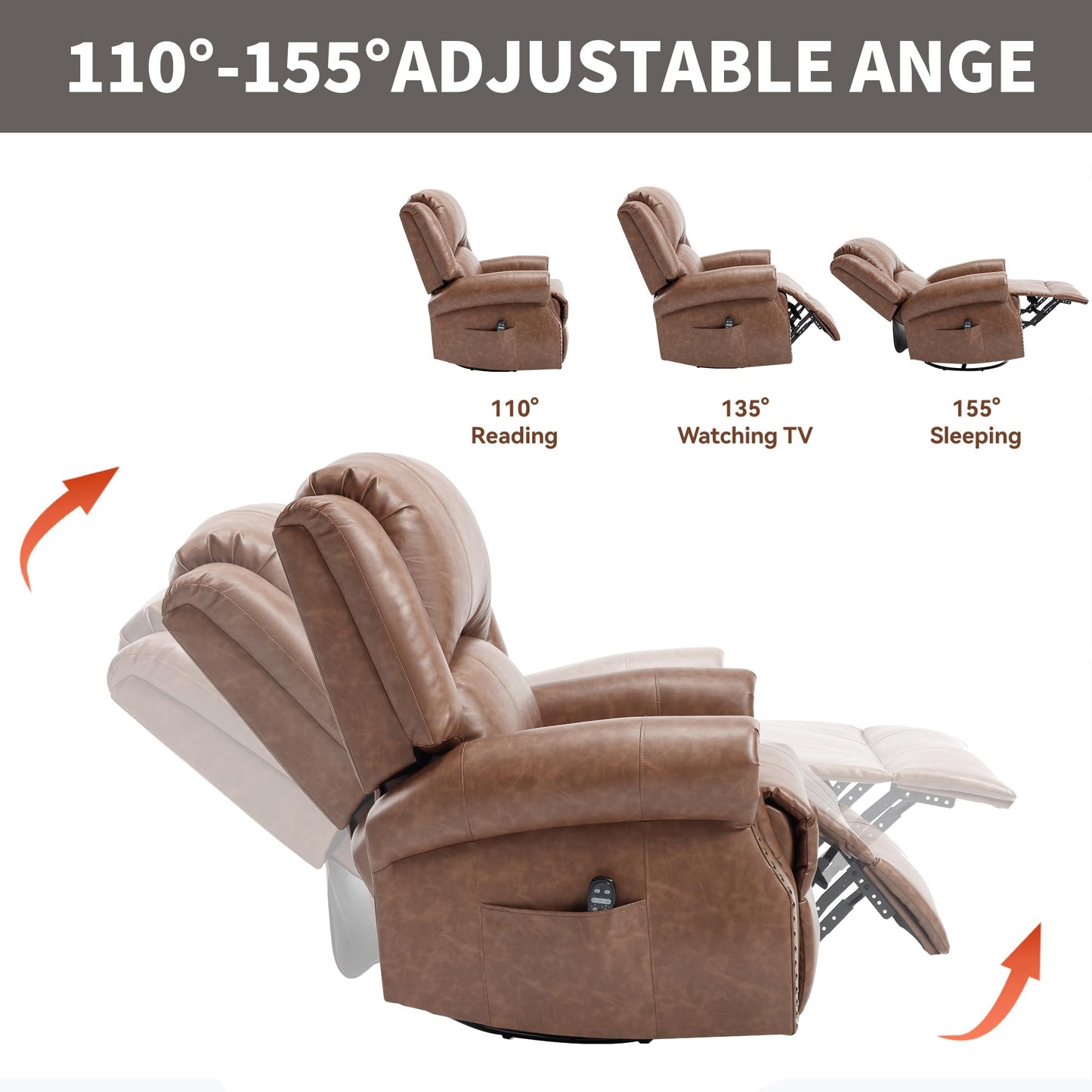 GDFStudio Heat Massage Swivel Rocker Recliner Chair, Manual Fabric Recliner with 360° Swivel, Rocking Function, Lumbar Heat and 8-Point Massage, Overstuffed Living Room Reclining Chair, Yellow Brown
