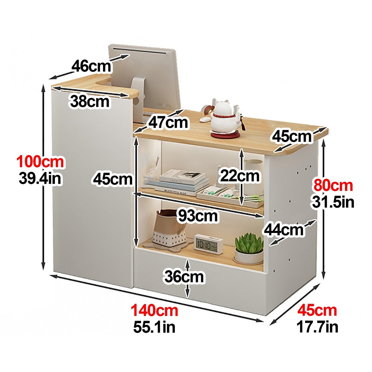 Modern Reception Counter Desk for Front Desk, Lobby & Salon - Retail Counter with Display Shelf & Drawers