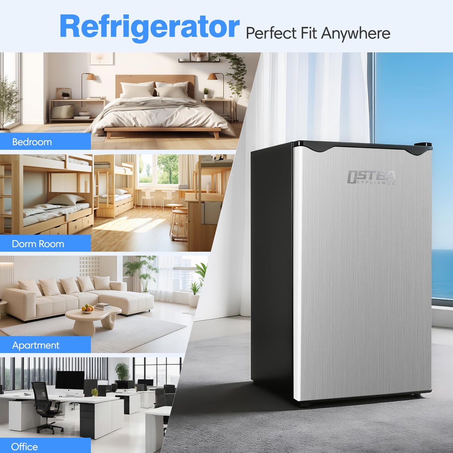 OSTBA 3.2 Cu.Ft Mini Fridge with Freezer, Small Refrigerator with Adjustable Thermostat, 3 Glass Shelves, Crisper Drawer, Low Noise Compact Fridge for Bedroom, Office, Dorm, RV, Single Door, Sliver