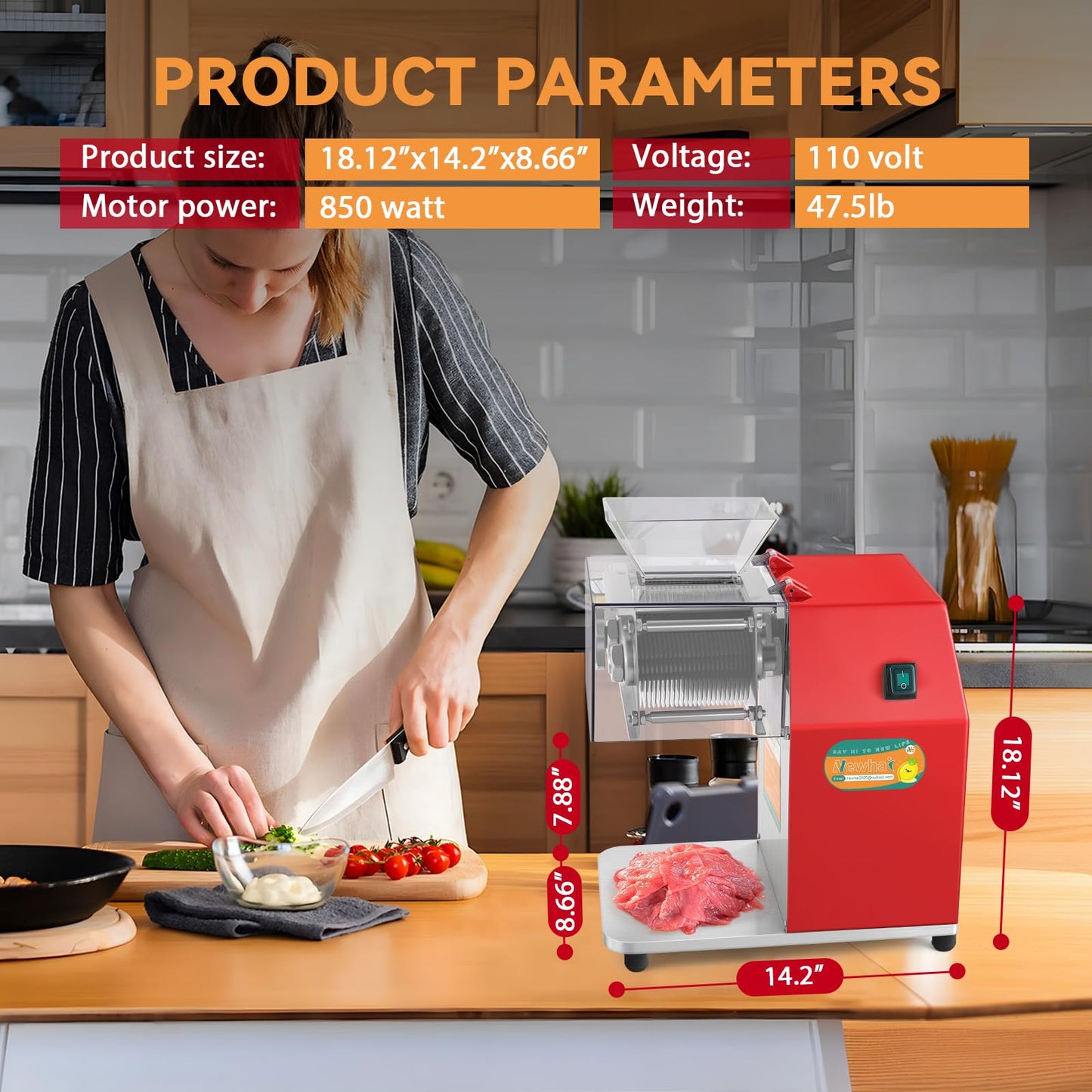 Newhai 850W Meat Cutter Machine, Commercial Meat Cutting Machine 5mm/0.2inch Heavy Duty, Stainless Steel Meat Slicer Shredder Restaurant, for Boneless Meat Soft Vegetables