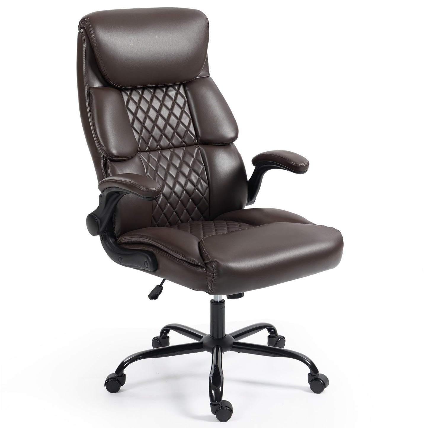 Office Chair - Ergonomic High Back Computer Desk Chair with Rocking Function & Lumbar Support - Executive Comfortable Wide Swivel Rolling Office Leather Chair with Flip-up Armrests for Home Gaming