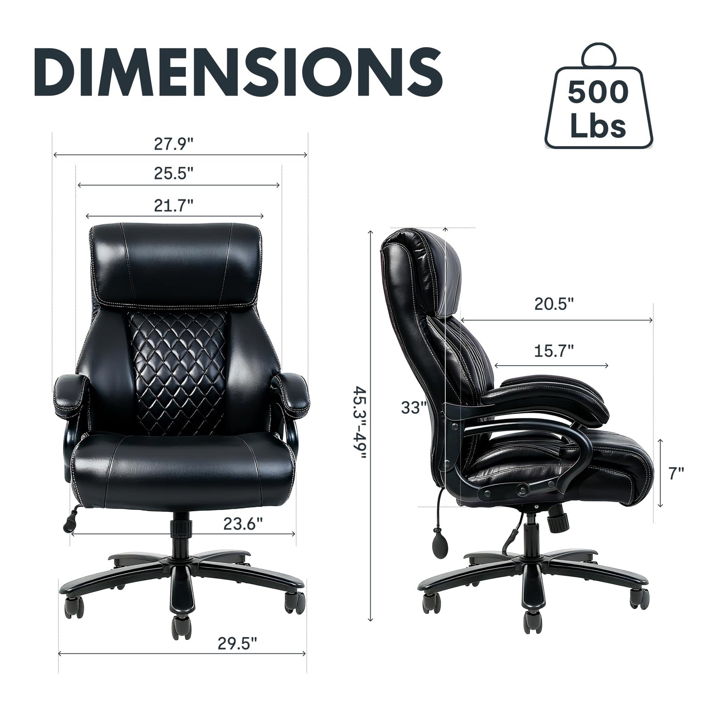 FLEXISPOT 500lbs Big and Tall Office Chair for Heavy People, Heavy Duty Computer Chair with Stable Arms Adjustable Lumbar Support Metal Base, Desk Chairs for Home Office Gaming Working, Leather, Black