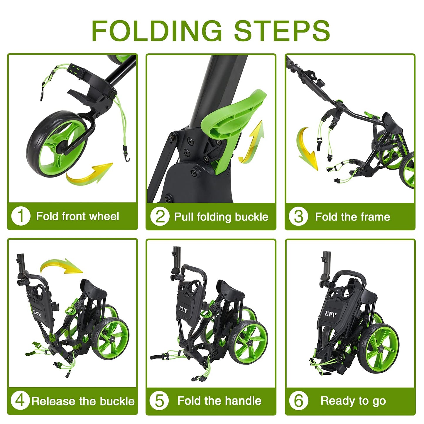 KVV 3 Wheel Foldable/Collapsible Golf Push Cart Ultra Lightweight Smallest Folding Size, New-Version Scorecard Holder Umbrella Holder Included(Black/Lime)