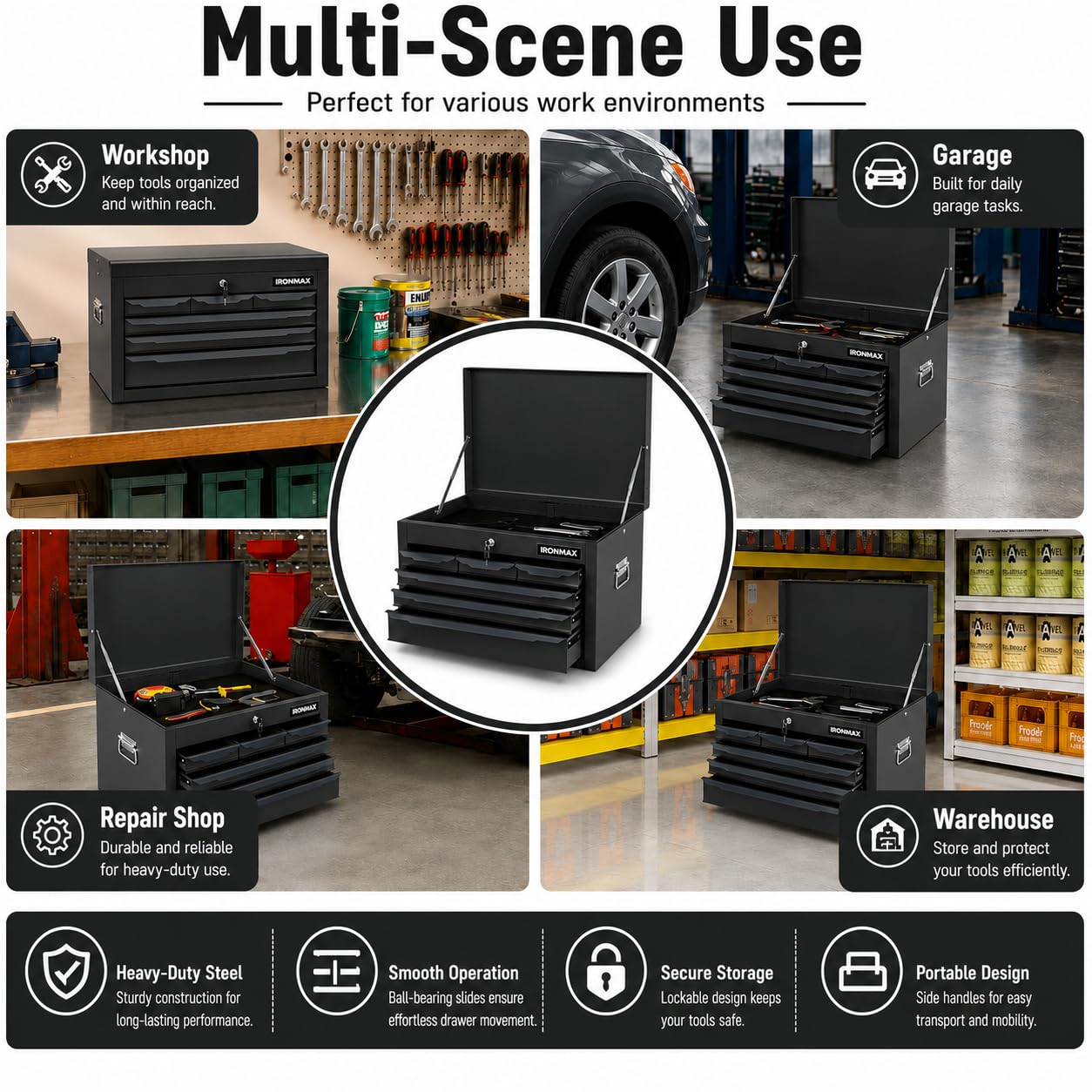 ARNOT Large Metal Tool Box, Tool Box with 6 Drawers & Top Tray, Heavy-Duty Steel Tool Chest with Auto-Locking Drawers and Side Handles for Garage & Workbench (Black)