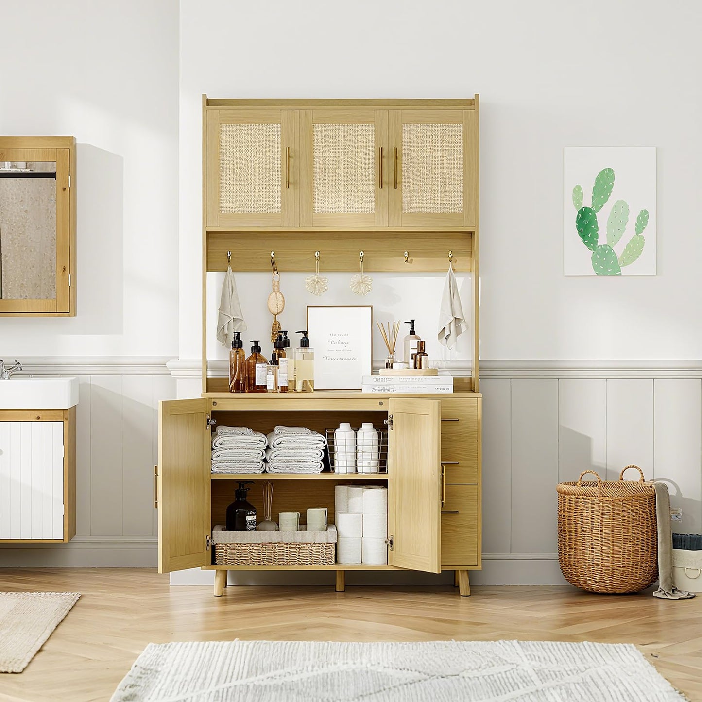 71" Tall Kitchen Pantry Cabinet with Storage, Freestanding Hutch Sideboard Buffet Cabinet with Rattan Door, 3 Drawers, 6 Hooks, Adjustable Shelves, Microwave Stand Countertop for Living Room