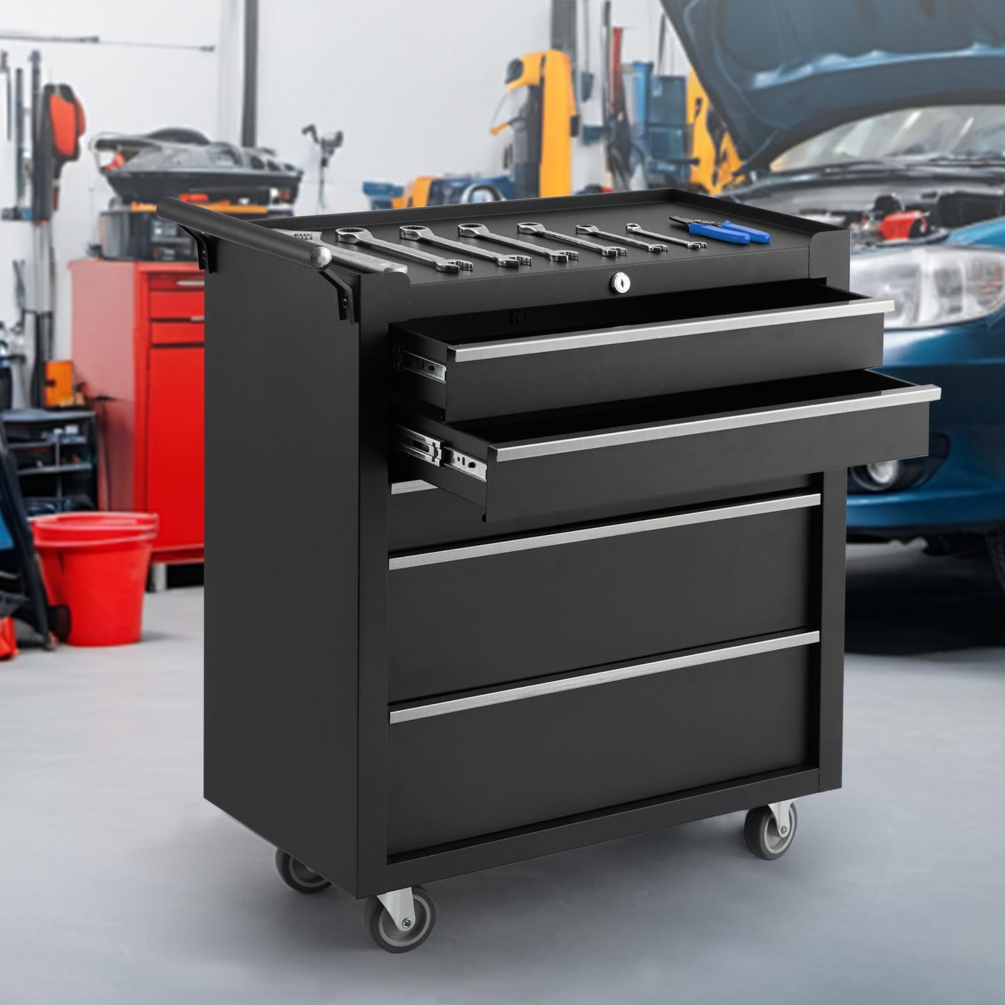 5-Drawers Rolling Tool Chest, Tool Storage Cabinet Organizer with Wheels and Lock System, Portable Toolbox Cart for Garage, Warehouse, Workshop & Repair Shop