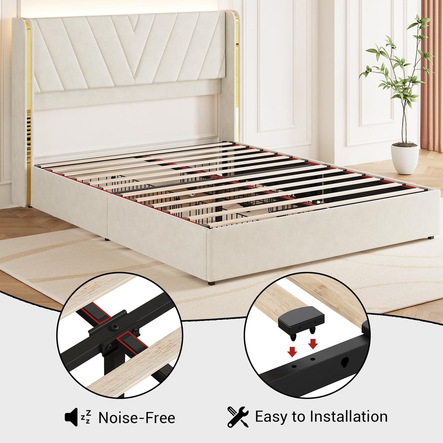 Full Upholstered LED Bed Frame with 4 Storage Drawers, Full Size Bed Frame with RGB LED Lights, Velvet Platform Bed Frame with Wingback Headboard, No Box Spring Needed, Noise Free, Easy Assembly
