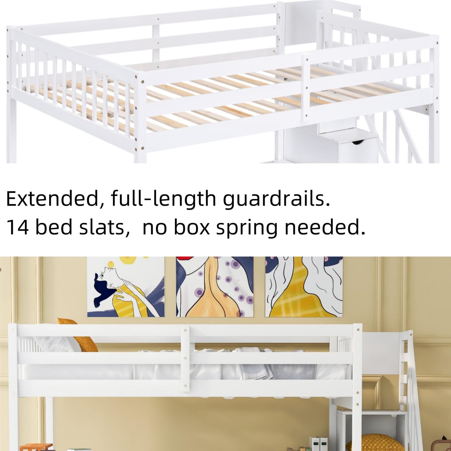 Merax Solid Pine Wood Full Size Loft Bed Frame with Built-in L Shaped Desk & Three-Tier Shelves & Attached Storage Staircase for Kids, Loft Bed with Large Under-Bed Space, No Box Spring Needed, White