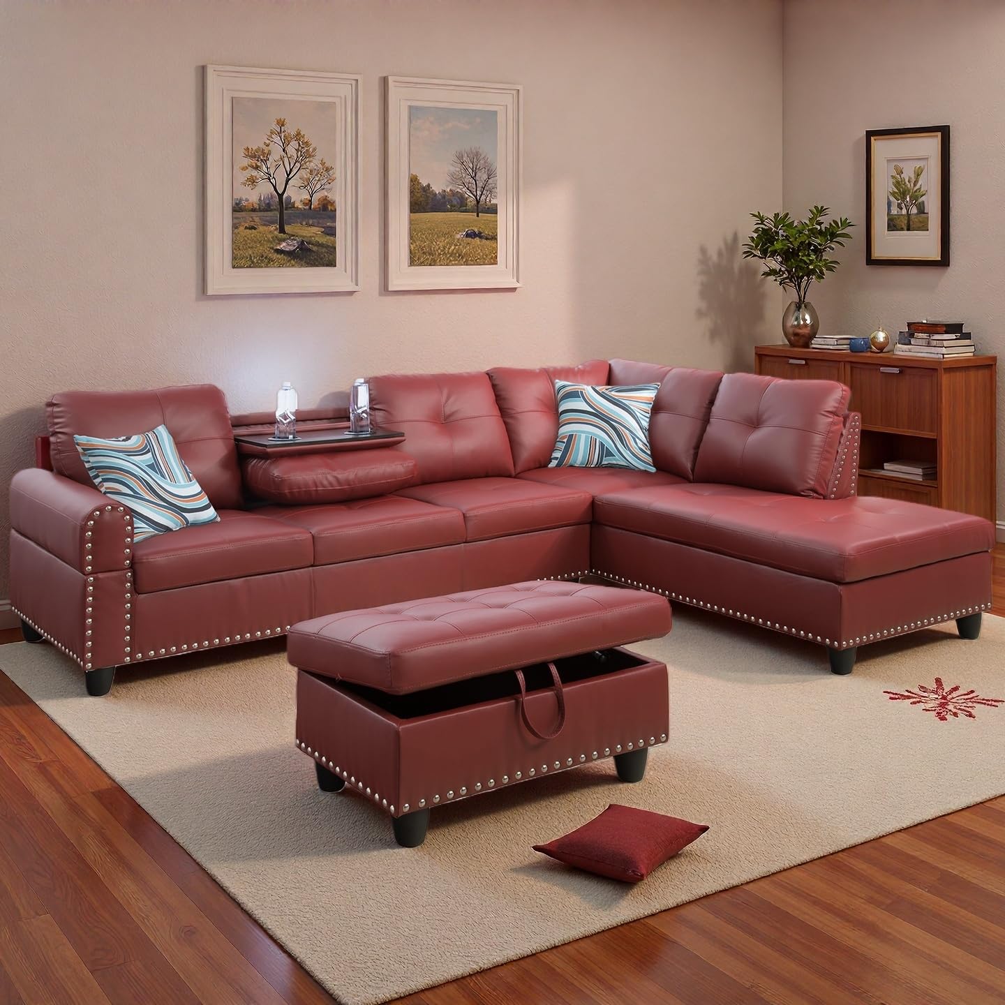 Topcomfy 97.5" L Shaped Couch Set, Modular Sectional Couches for Living Room with Storage Ottoman, 4 Seat Home Sofa Living Room Furniture Sets with Chaise for Apartment Office (Faux Leather, Red)