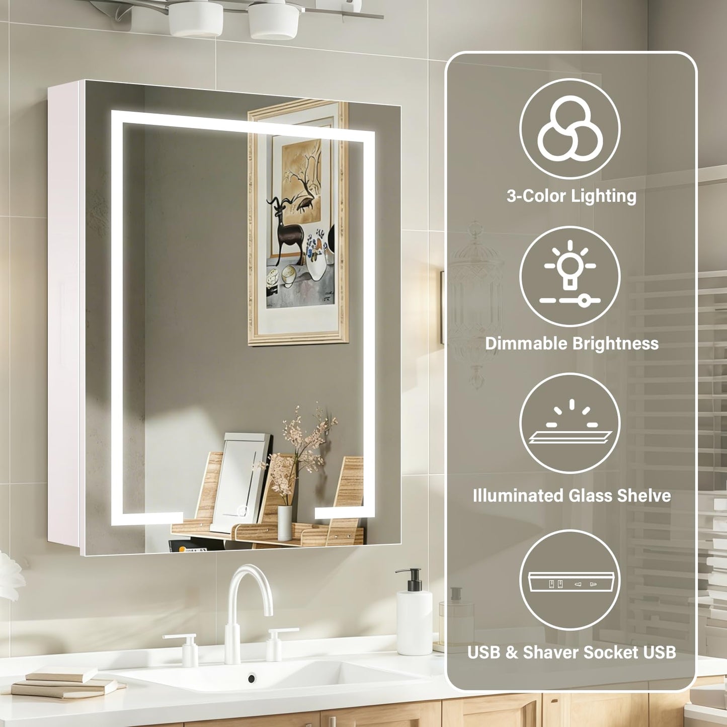 KAASUNES LED Medicine Cabinet with Light,Mirror Cabinet with Cosmetics Storage Rack,3X Magnifier Makeup Mirror,Lighting Glass Shelf,3 Colors&Dimmer,22×30inch,White