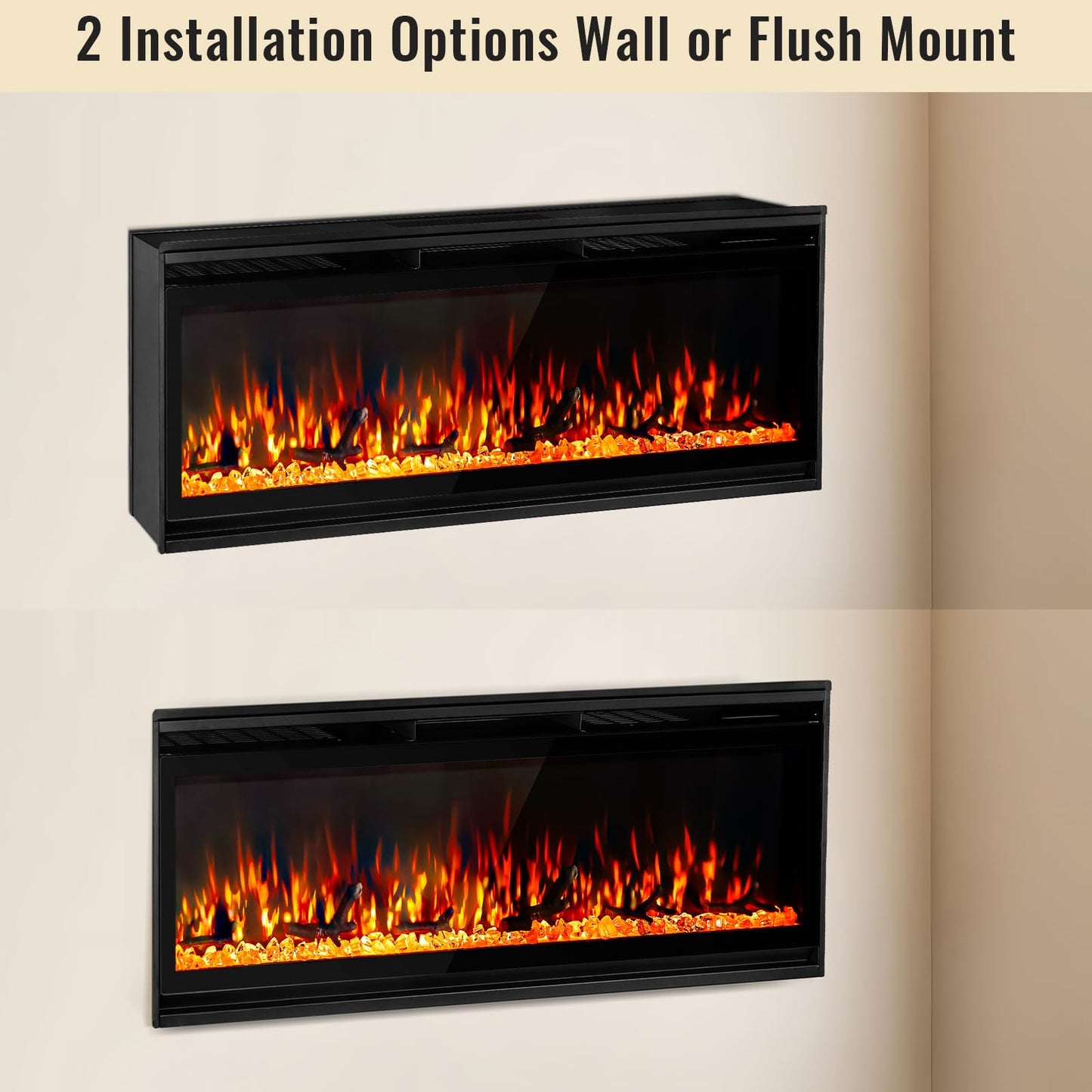 TUAN 60 Inch Electric Fireplace,Ultra-Thin Electric Fireplace Inserts,Recessed & Wall-Mounted Fireplace, Adjustable Flame, Remote Control - Linear with Timer, 750/1500W