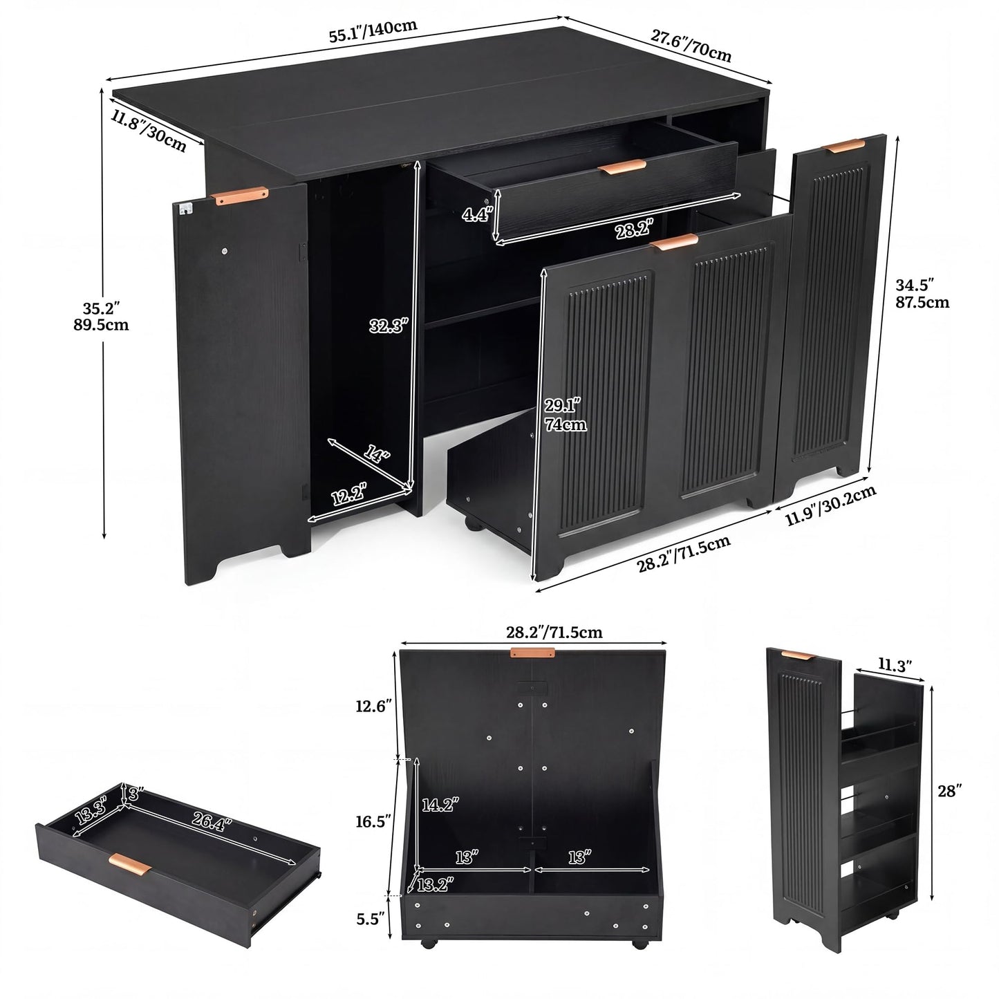 YITAHOME Expandable Kitchen Island with Hidden Trash Cabinet, 55.1" Rolling Kitchen Island with Drop Leaf, Storage Drawer & 3-Tier Side Shelves, Mobile Kitchen Island on Wheels with Towel Bar & Hooks