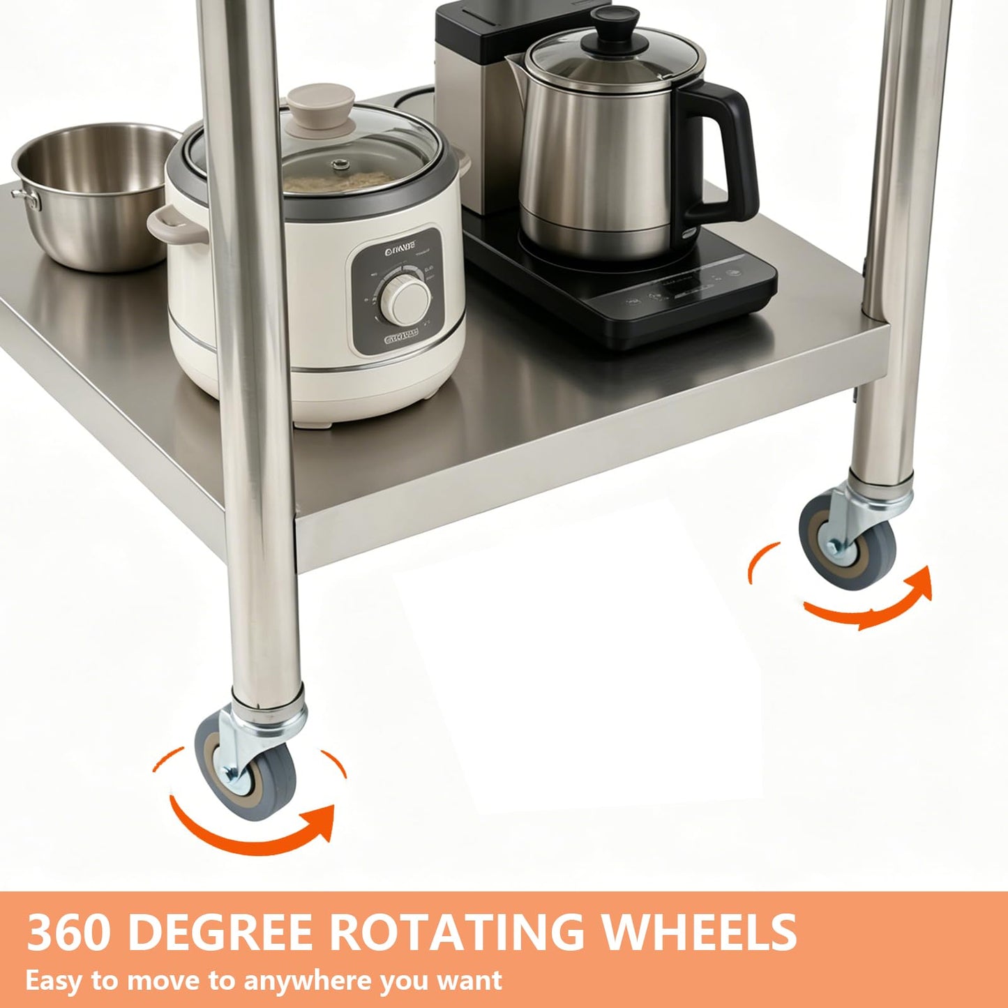 Garvee Stainless Steel Straight Edge Work Table 30 inch Double Layer with Casters & Garbage Shelf, Heavy Duty Commercial Prep Table, 0.7mm Thick