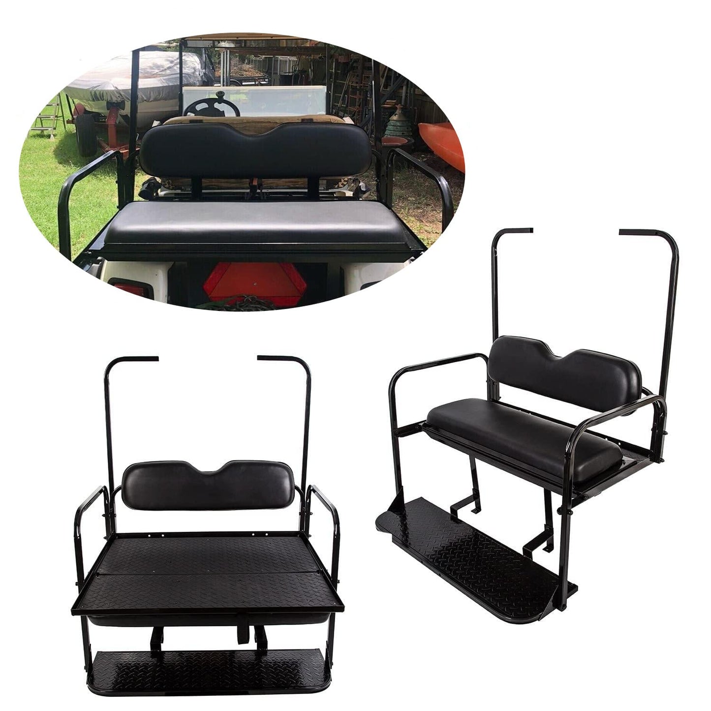 ECOTRIC Flip Folding Rear Back Seat Kit Compatible with 1995-Up EZGO TXT Golf Cart w/ roof support - You Will Receive 2 Packages