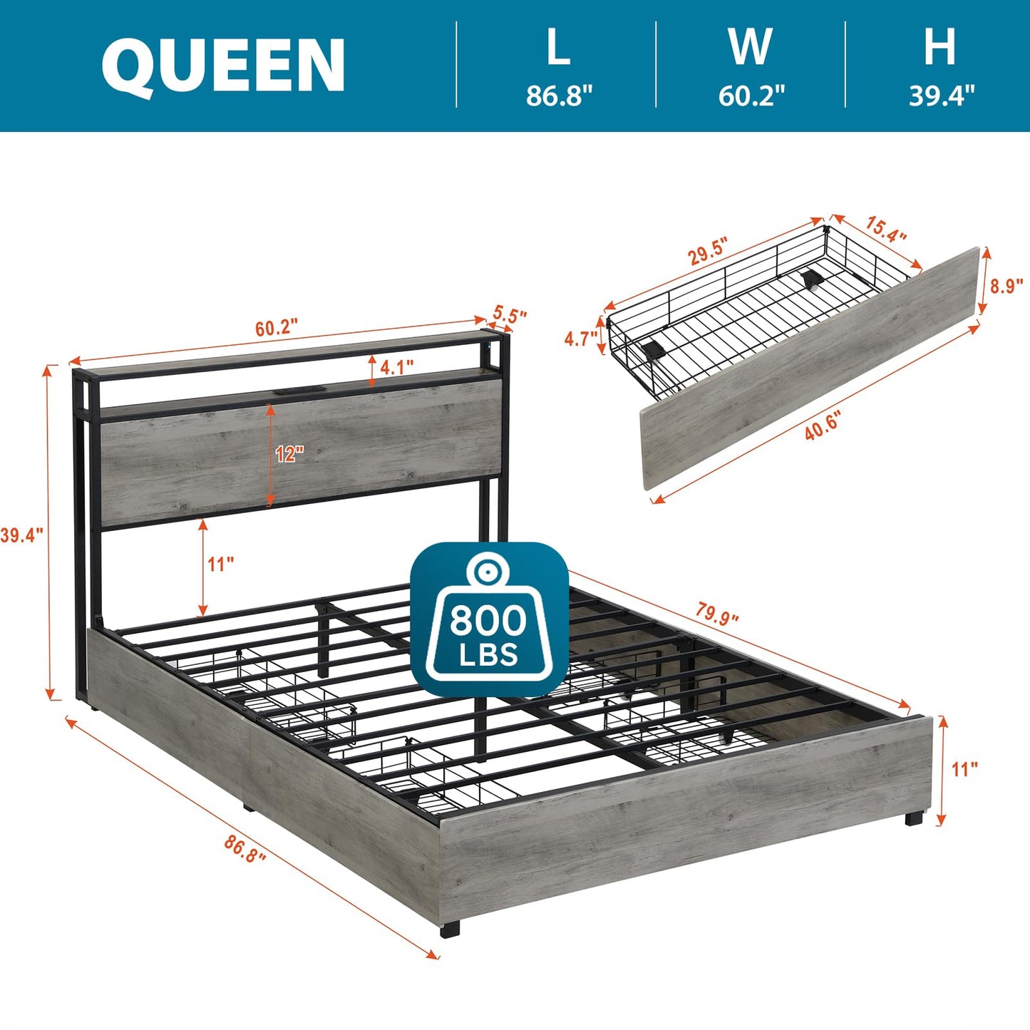 Kiivakii Queen Size Bed Frame with 4 Storage Drawers, LED Platform Bed with Headboard, Built in Charging Station, Noise-Free, Metal Support Base, No Box Spring Needed, Gray