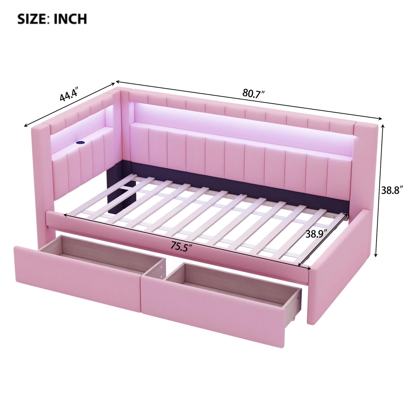 Merax Twin Size Modern Upholstered Platform Bed with USB Ports & Storage Drawers, Floor Sofa Daybed with Wood Slat Support, Storage Bed Frame with Headboard/Twin, Pink