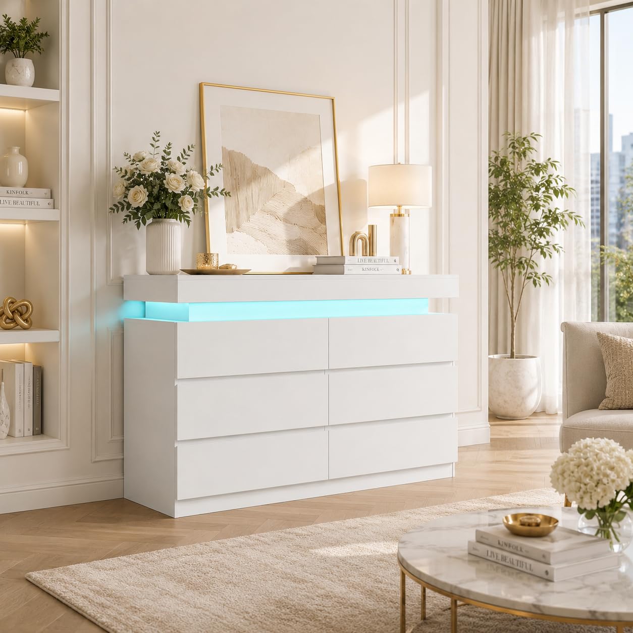 OneBlis 6 Drawer Dresser with LED Lights & Charging Station, Modern Floating White Dresser for Bedroom, Smart Storage Chest with 2 AC Outlets & USB Ports for Living Room, Closet, Entryway