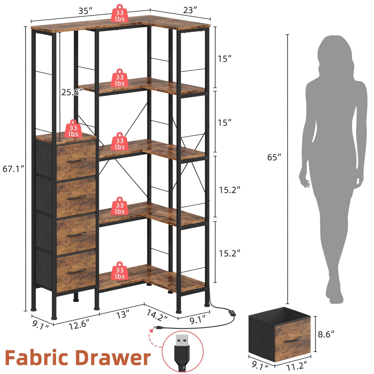 AFLUI Corner Bookshelf with LED Light Strips & 4 Fabric Drawers, 5-Tier Convertible Corner Shelf with Display Shelf, Large Wood Industrial Bookcase for Living Room, Bedroom, Home Office, Rustic Brown